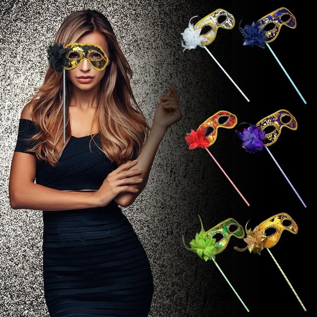 Lüks Taşlı Saplı Maskeli Balo Maskesi Beyaz Renk 35 cm (5271)