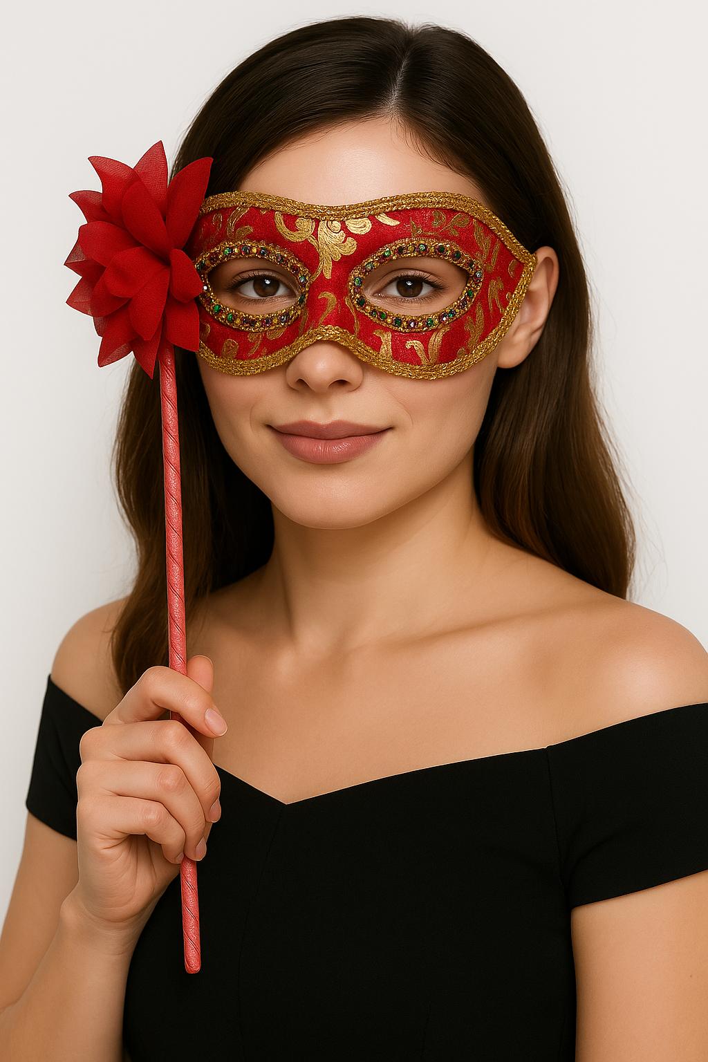 Lüks Taşlı Saplı Maskeli Balo Maskesi Kırmızı Renk 35 cm (5271)