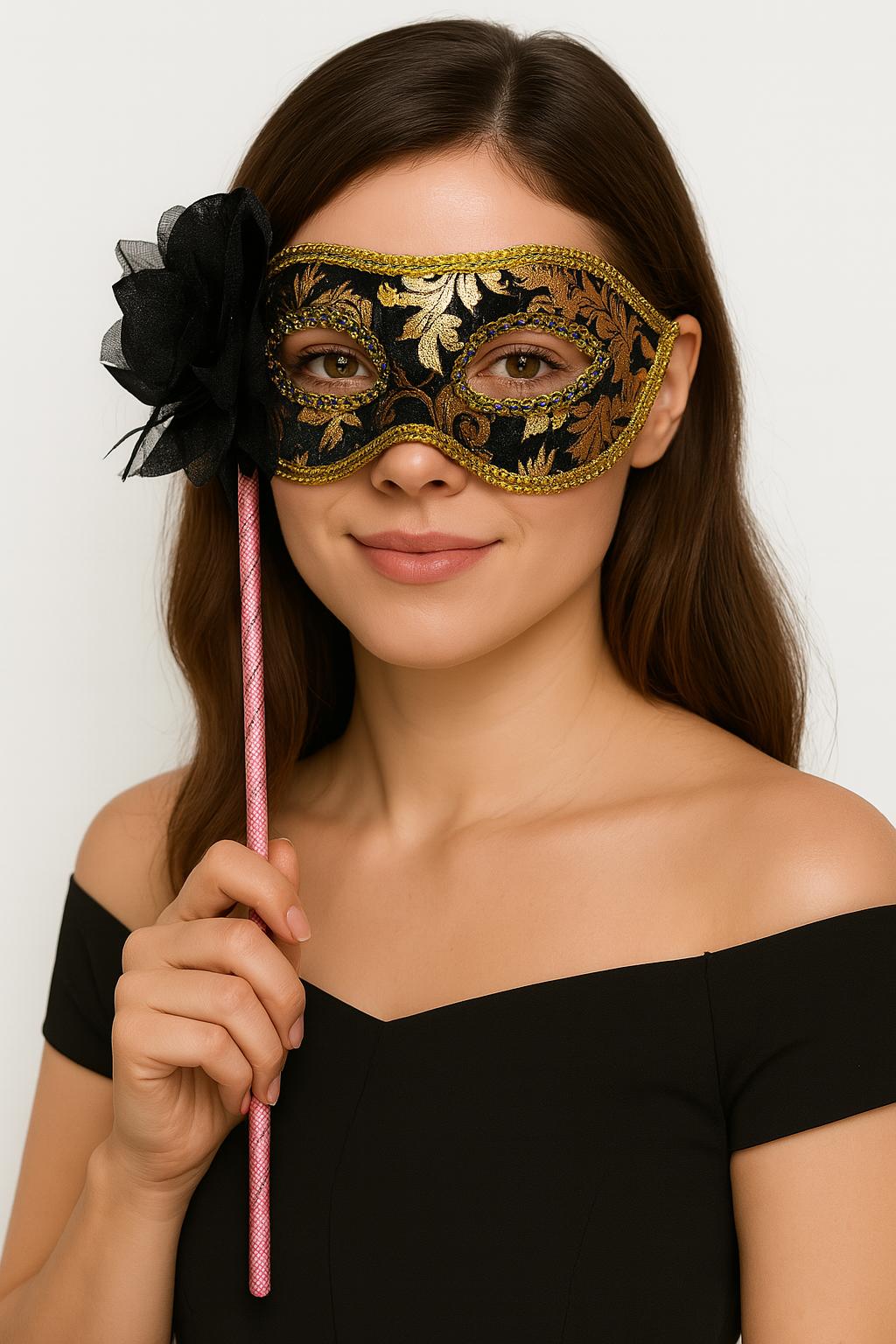 Lüks Taşlı Saplı Maskeli Balo Maskesi Siyah Renk 35 cm (5271)