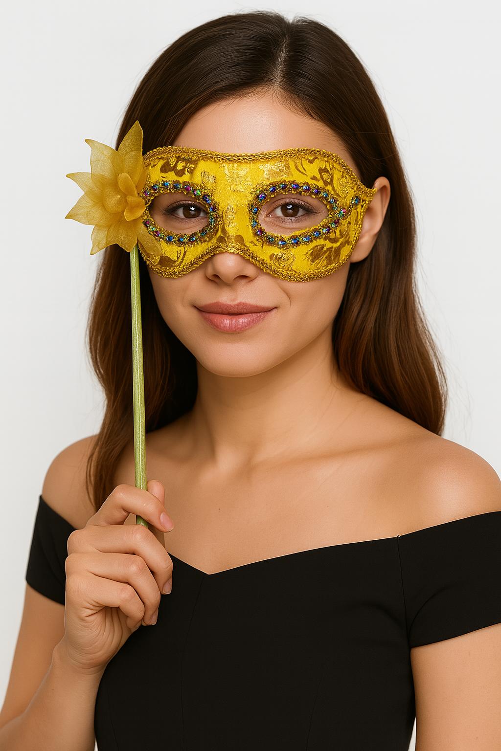 Lüks Taşlı Saplı Maskeli Balo Maskesi Altın Renk 35 cm (5271)