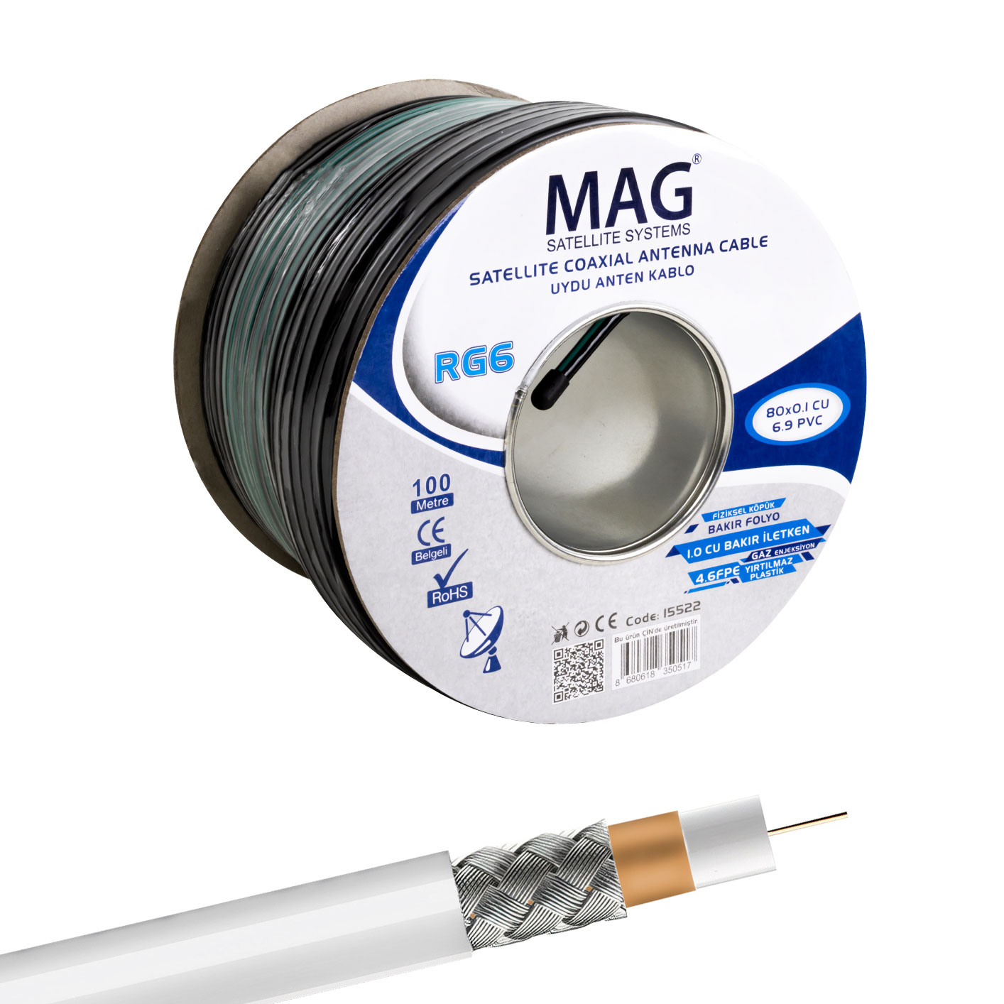 MAG RG6/U6 BAKIR CU/CU 80 TEL YEŞİL ANTEN KABLOSU (100 METRE) (5271)