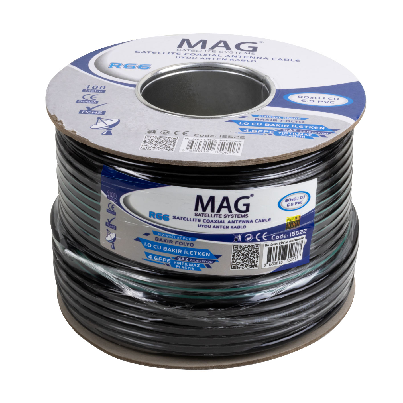 MAG RG6/U6 BAKIR CU/CU 80 TEL YEŞİL ANTEN KABLOSU (100 METRE) (5271)