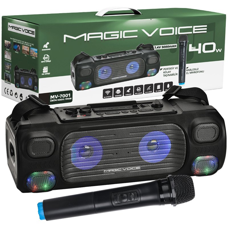 MAGICVOICE MV-7001 VHF EL MİK USB/SD/BT/UK 40 WATT IŞIKLI TAŞINABİLİR ŞARJLI  SEYYAR ANFİ (5271)