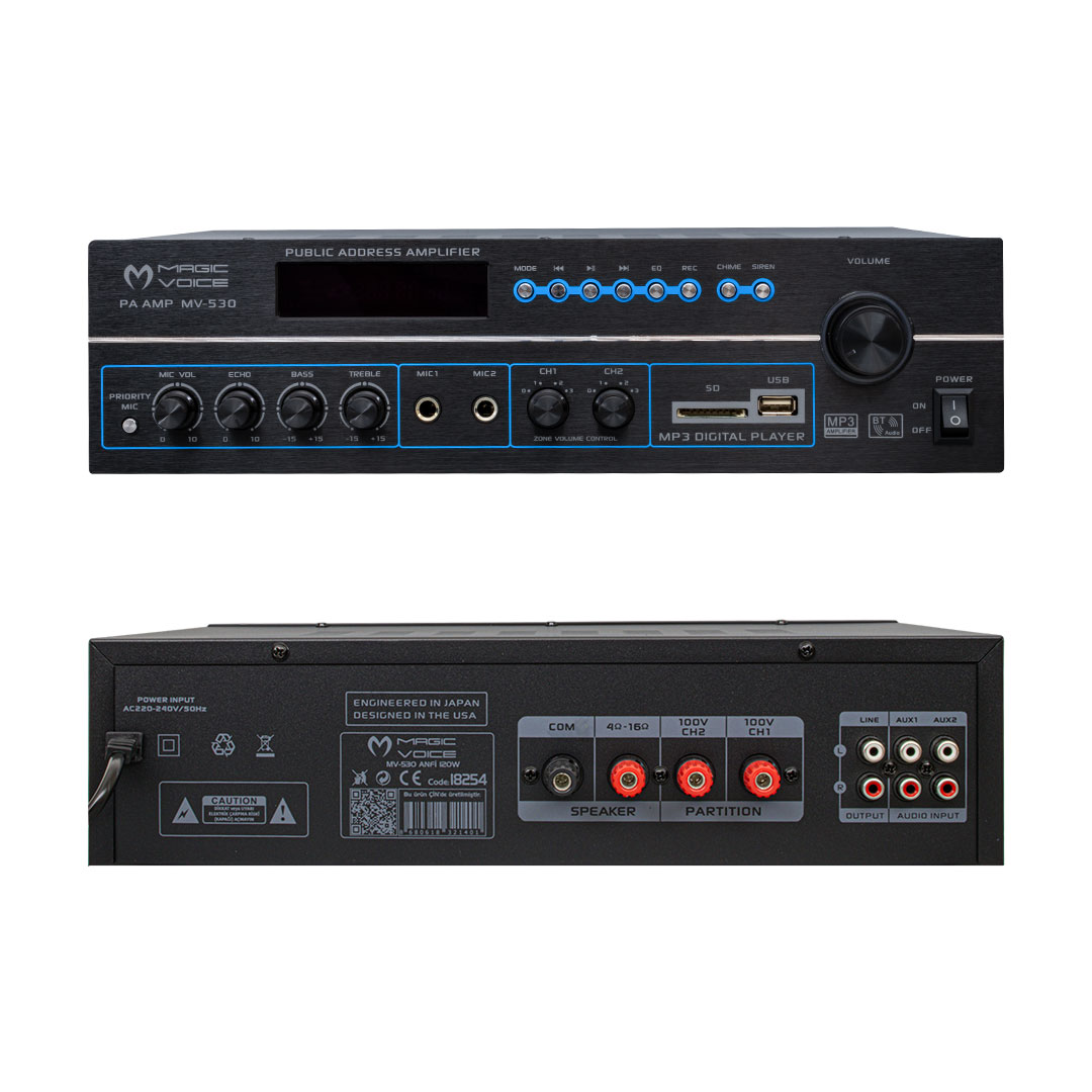 MAGICVOICE MV-530 120 WATT USB/SD/UK BLUETOOH 3 MİK GİRİŞLİ 2 BÖLGELİ HAT TRAFOLU ANFİ (5271)