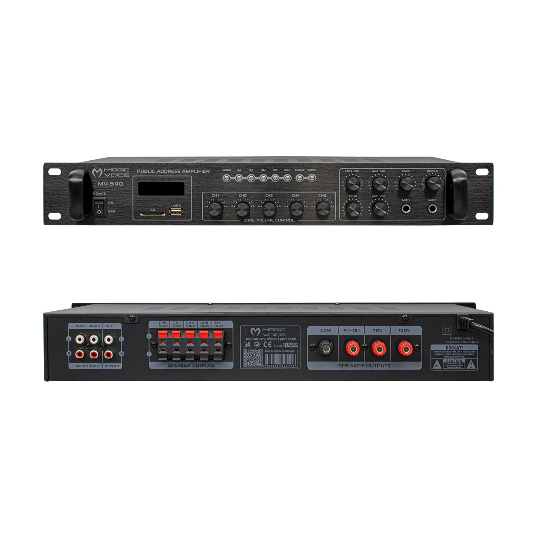 MAGICVOICE MV-540 100 WATT USB/SD/UK BLUETOOTH 2 MİK MUTE GİRİŞLİ 5 BÖLGELİ AÇIP KAPAMA HAT TRAFOLU ANFİ (5271)
