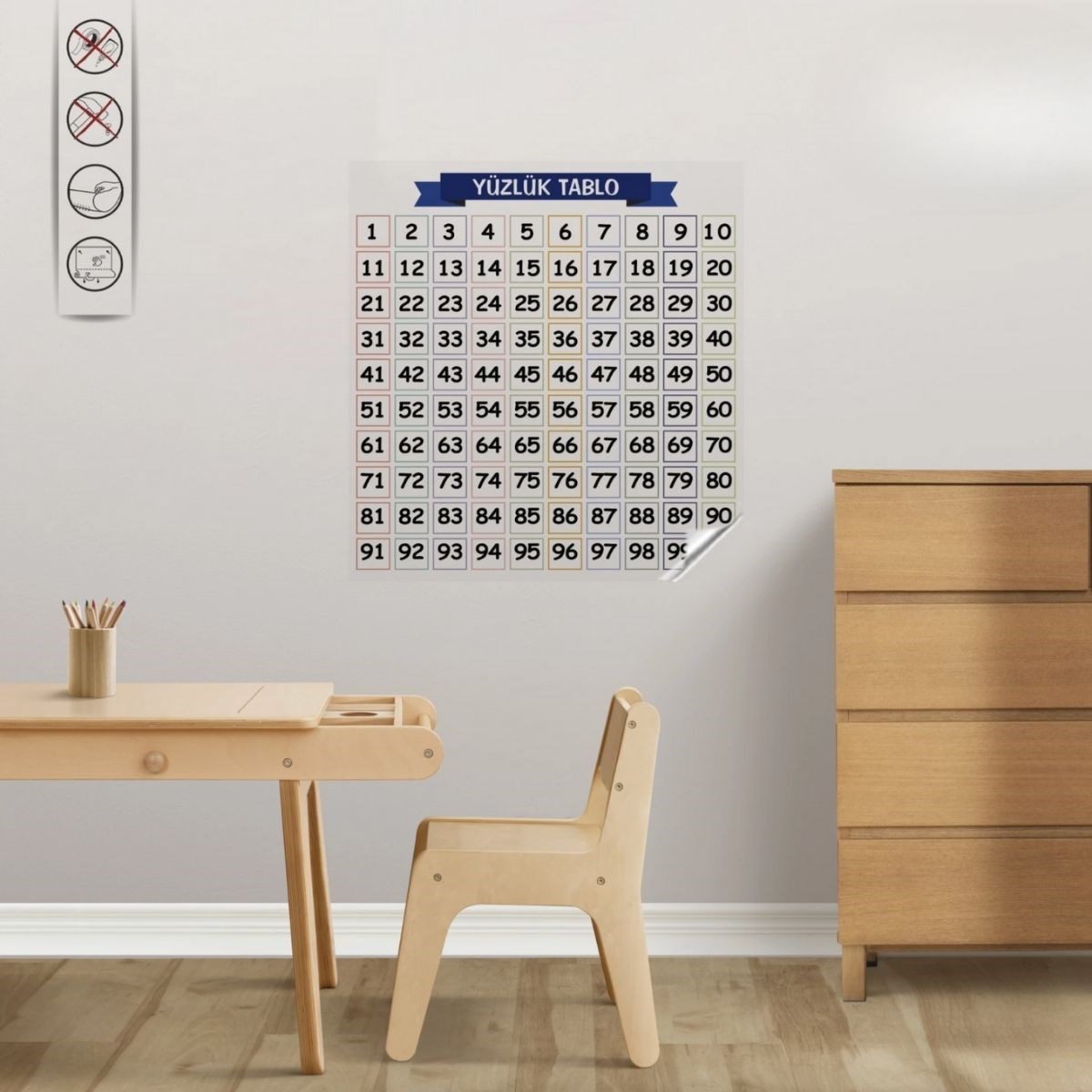 Matematik Öğreten Yüzlük Tablo Duvarda İz Bırakmaz Akıllı Kağıt Yapışkansız Statik  60x60 cm (5271)