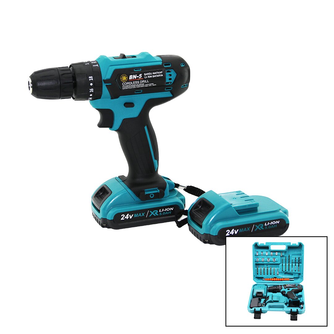 MAVİ 1250 RPM BN-5 F-136 CORDLESS DRILL FULL ŞARJLI=24V=5.0Ah - 2 BATARYA MATKAP SETİ ÇANTALI (5271)