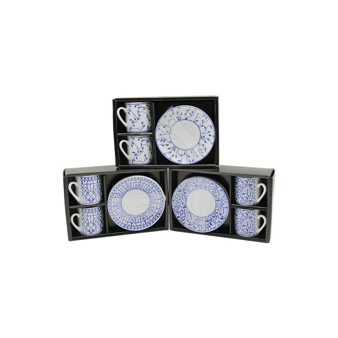 MAVİ - BEYAZ 4PCS=2-TAKIM  PORSELEN KAHVE FİNCANI  ÇİÇEK - ÇİZGİ - NOKTA MİX DESEN (5271)