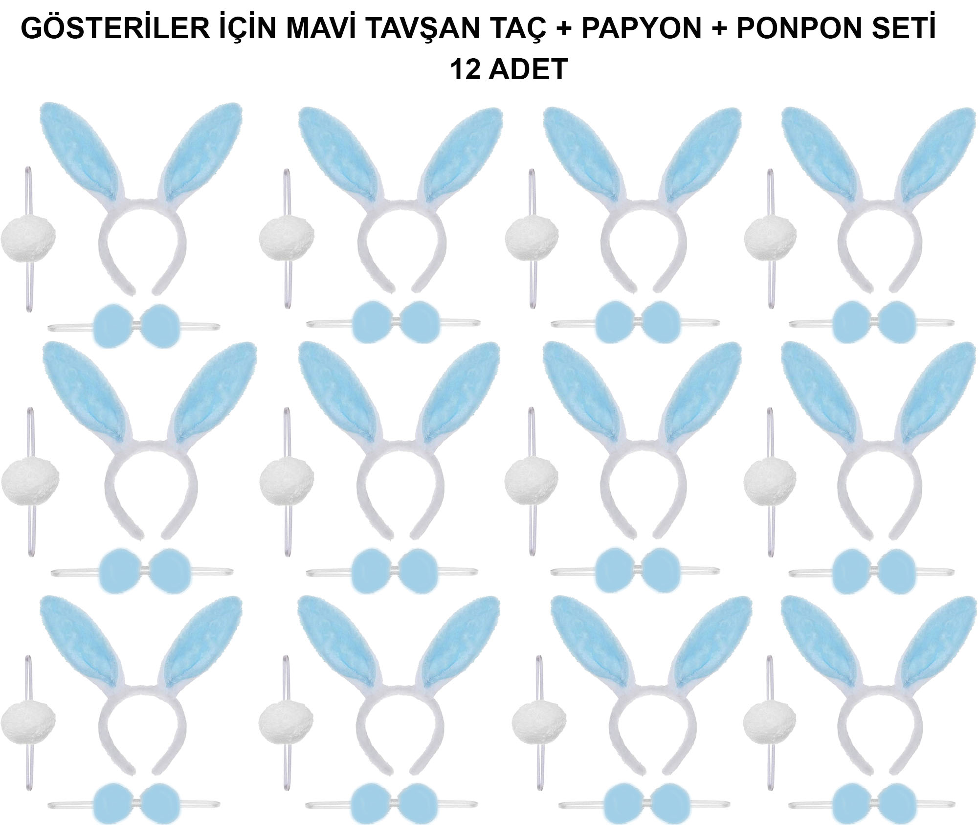 Mavi Tavşan Kostüm Seti – Taç, Papyon, Ponpon (12’li Paket) (5271)