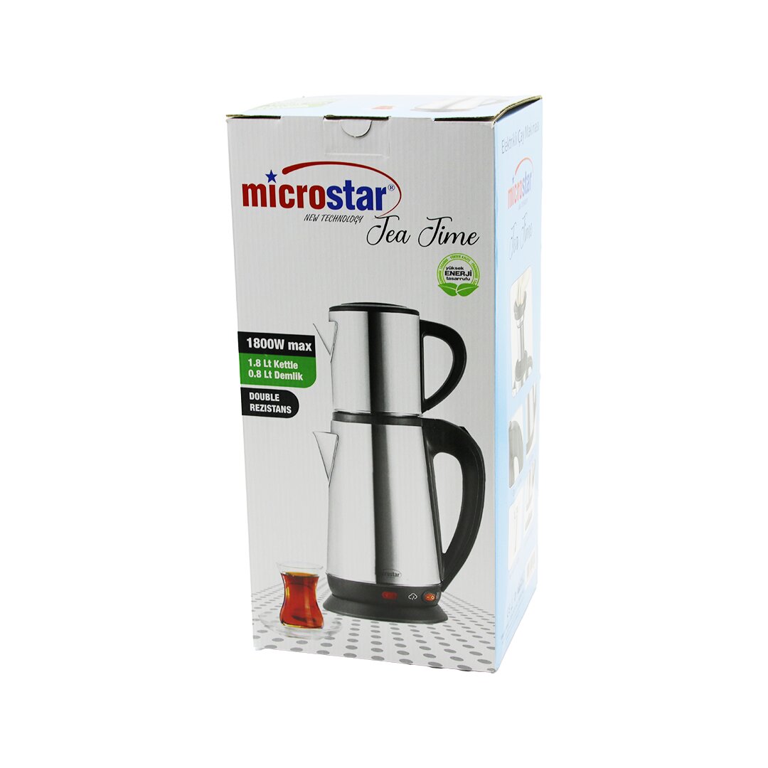 MİCROSTAR ELEKTRİKLİ ÇELİK ÇAY MAKİNESİ ÇAYCI SET 1.8LT SU ISITICI+ 0.8LT DEMLİK 1800W 360 DERECE DÖENBİLENGÖVDE (5271)