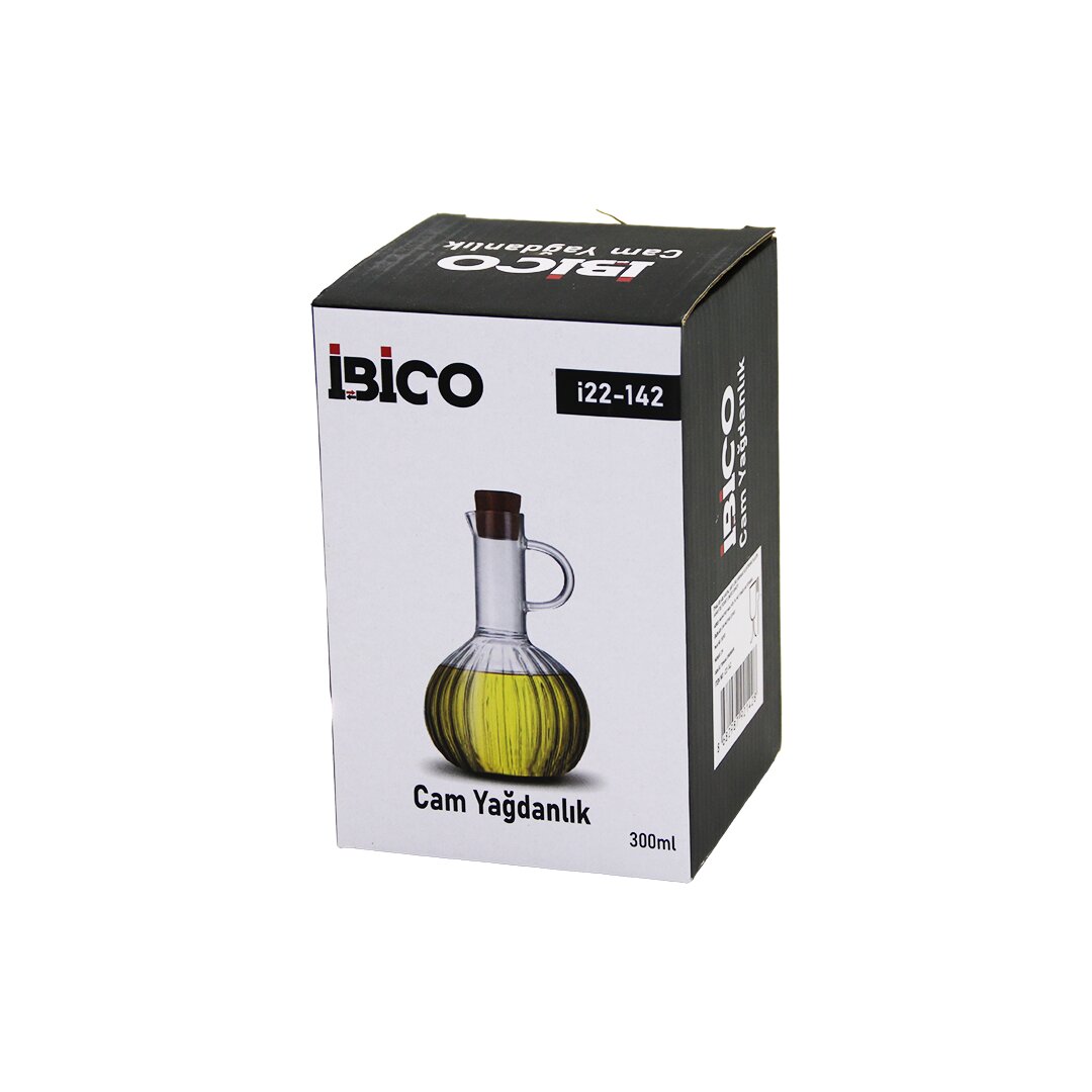 MİNİ CAM YAĞDANLIK ÇİZGİLİ DESEN 300ML AHŞAP BAMBU MANTAR TIPA (5271)