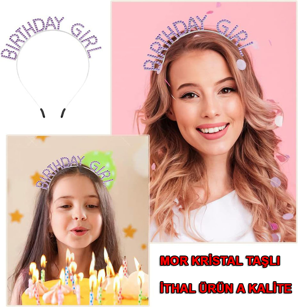Mor Renk Kristal Taşlı Parlak Birthday Girl Yazılı Taç 16x17 cm (5271)