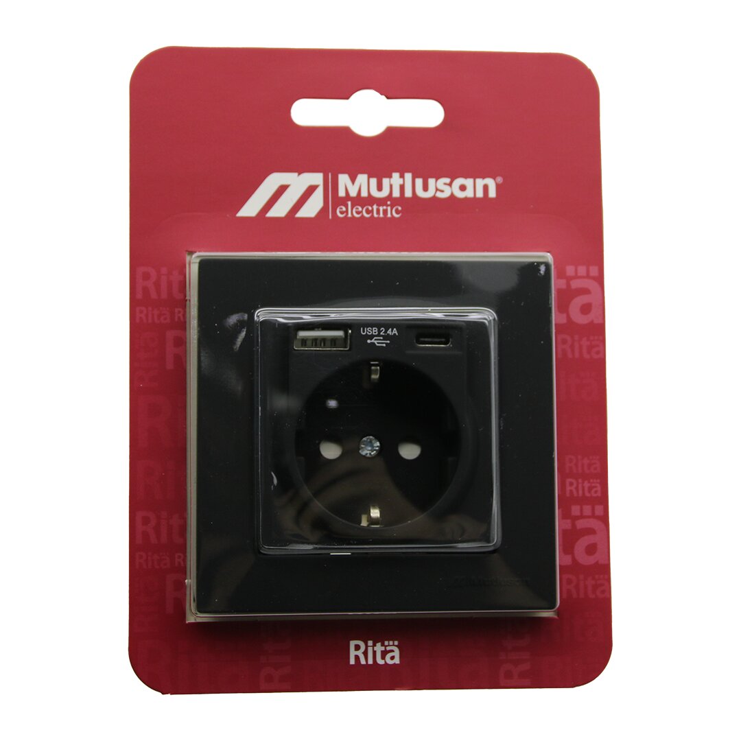 MUTLUSAN RİTA-2220 629 0284 BLİSTERLİ - KARTLI SİYAH - USB + TYPE-C &apos; Lİ TOPRAKLI PRİZ ÇERÇEVELİ (5271)
