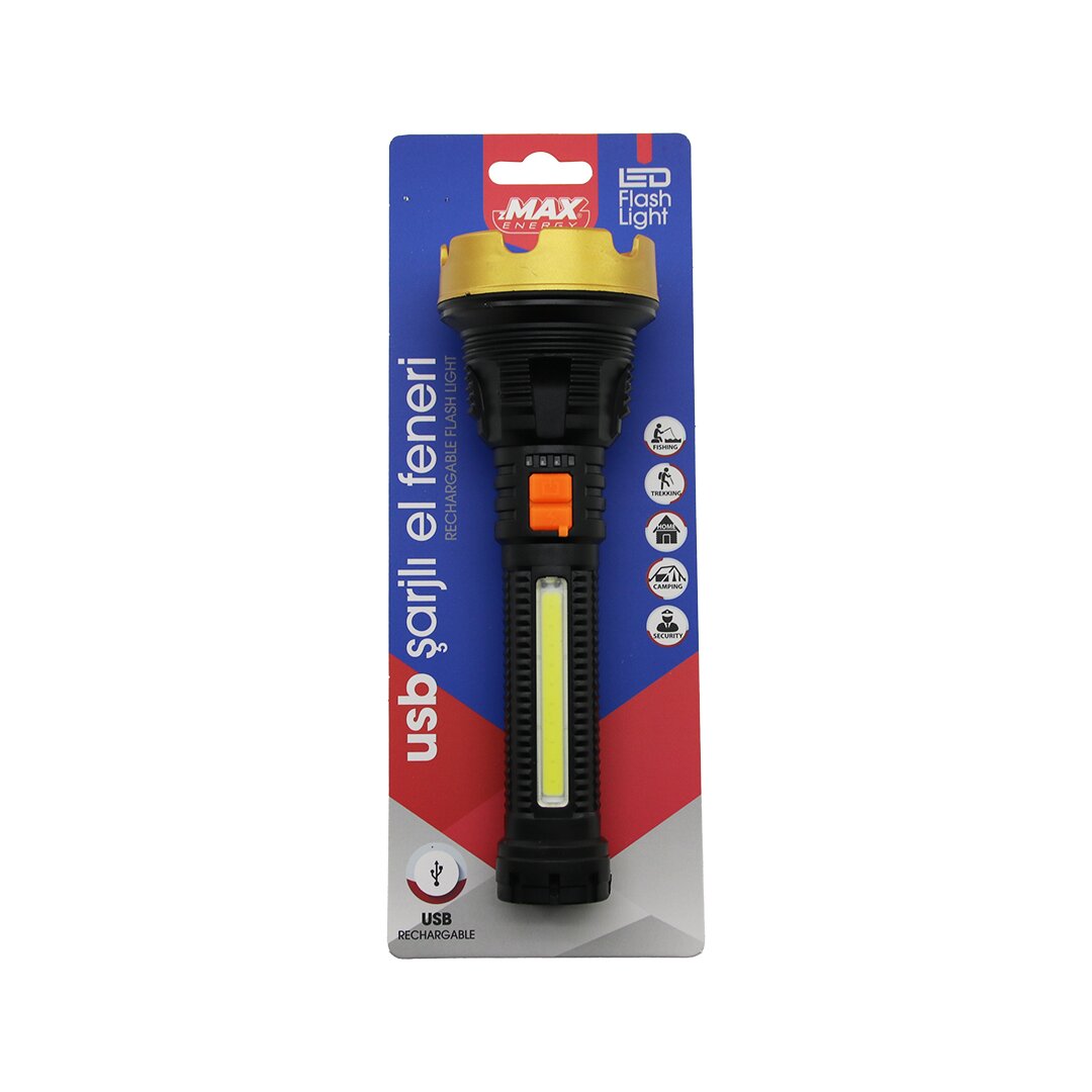 ORTA=19CM 2İN1= OSL LED - COB LED USB ŞARJLI EL FENERİ 3-KADEME IŞIK - FLAŞÖR ŞARJ GÖSTERGE (5271)