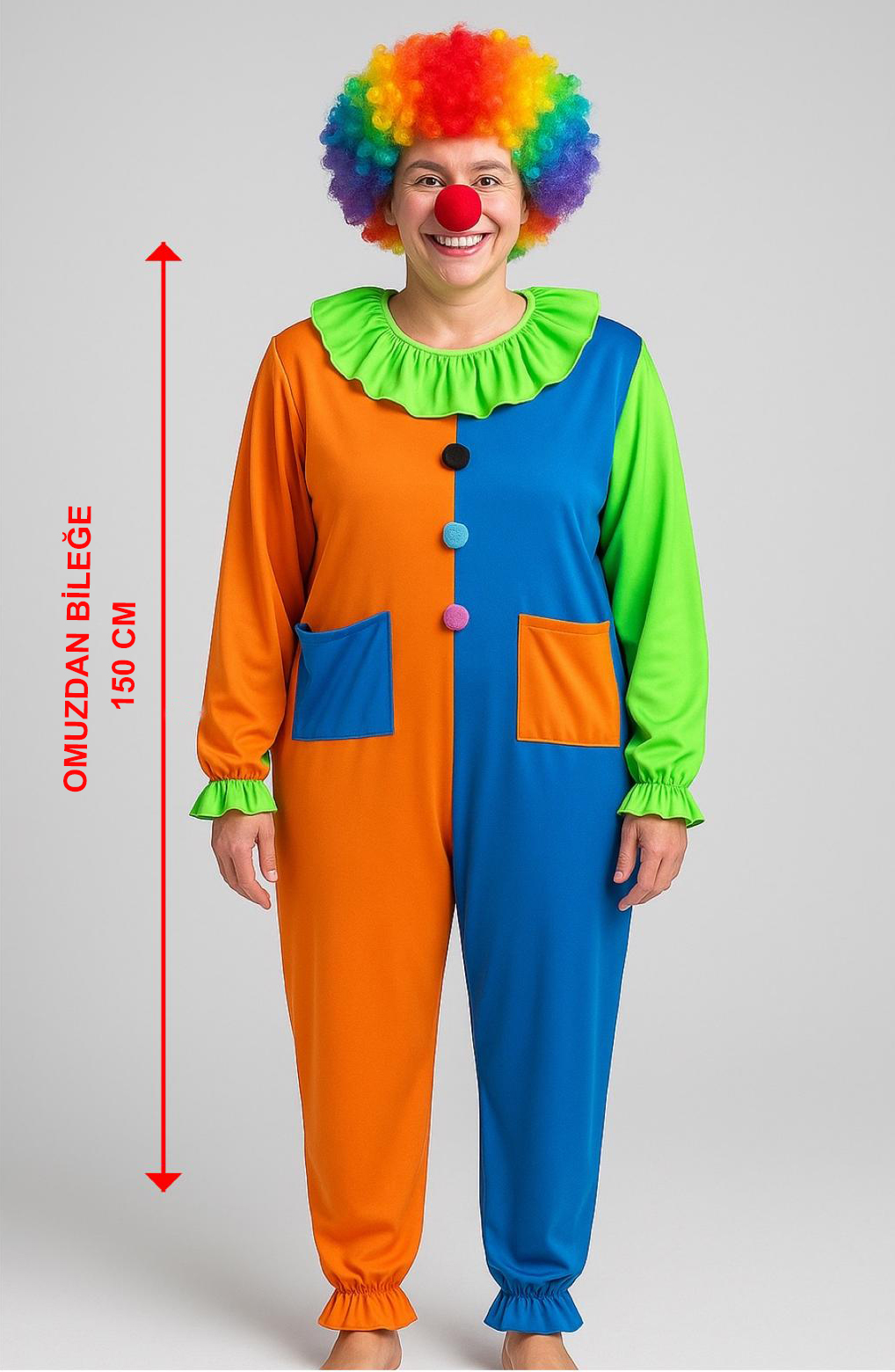 Palyaço Kostüm Seti 150 cm (Peruk + Burun + Kostüm) (5271)