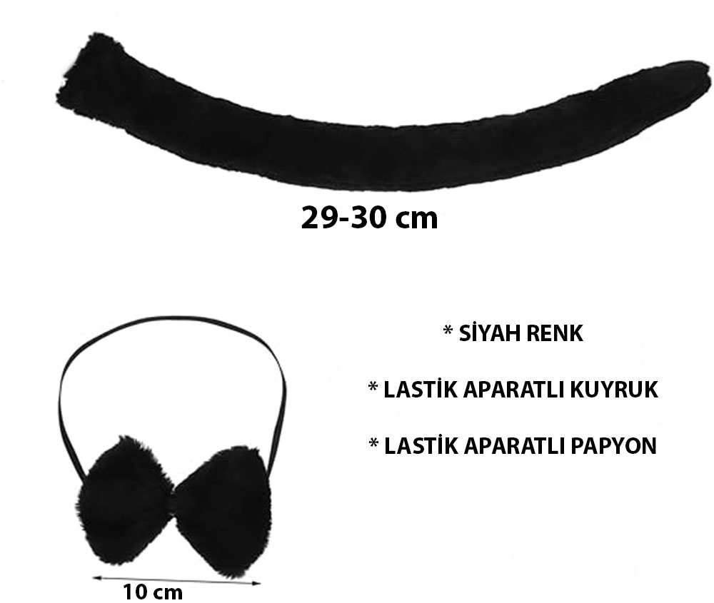 Peluş Siyah Renk Kuyruk ve Papyon Yetişkin Çocuk Uyumlu (5271)