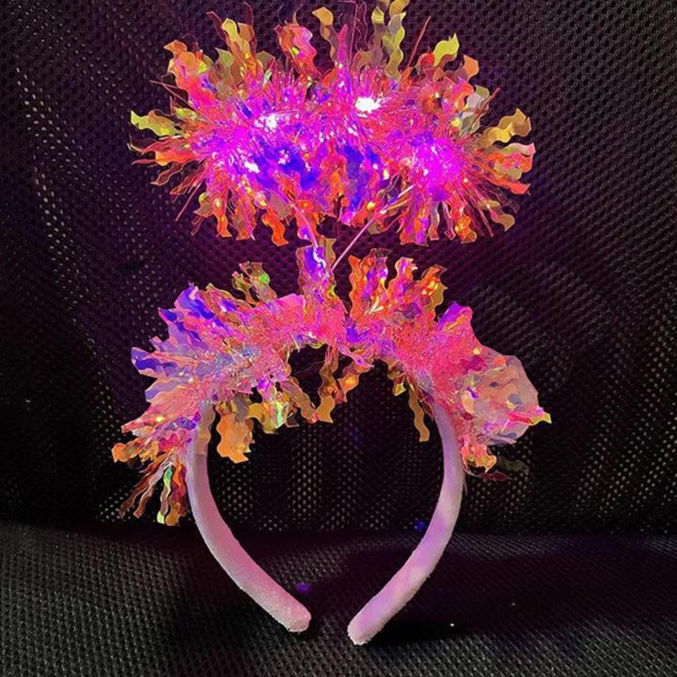 Pembe Renk Pembe Işıltılı Püsküllü Led Işıklı Parlak Hologramlı Taç 25x12 cm (5271)
