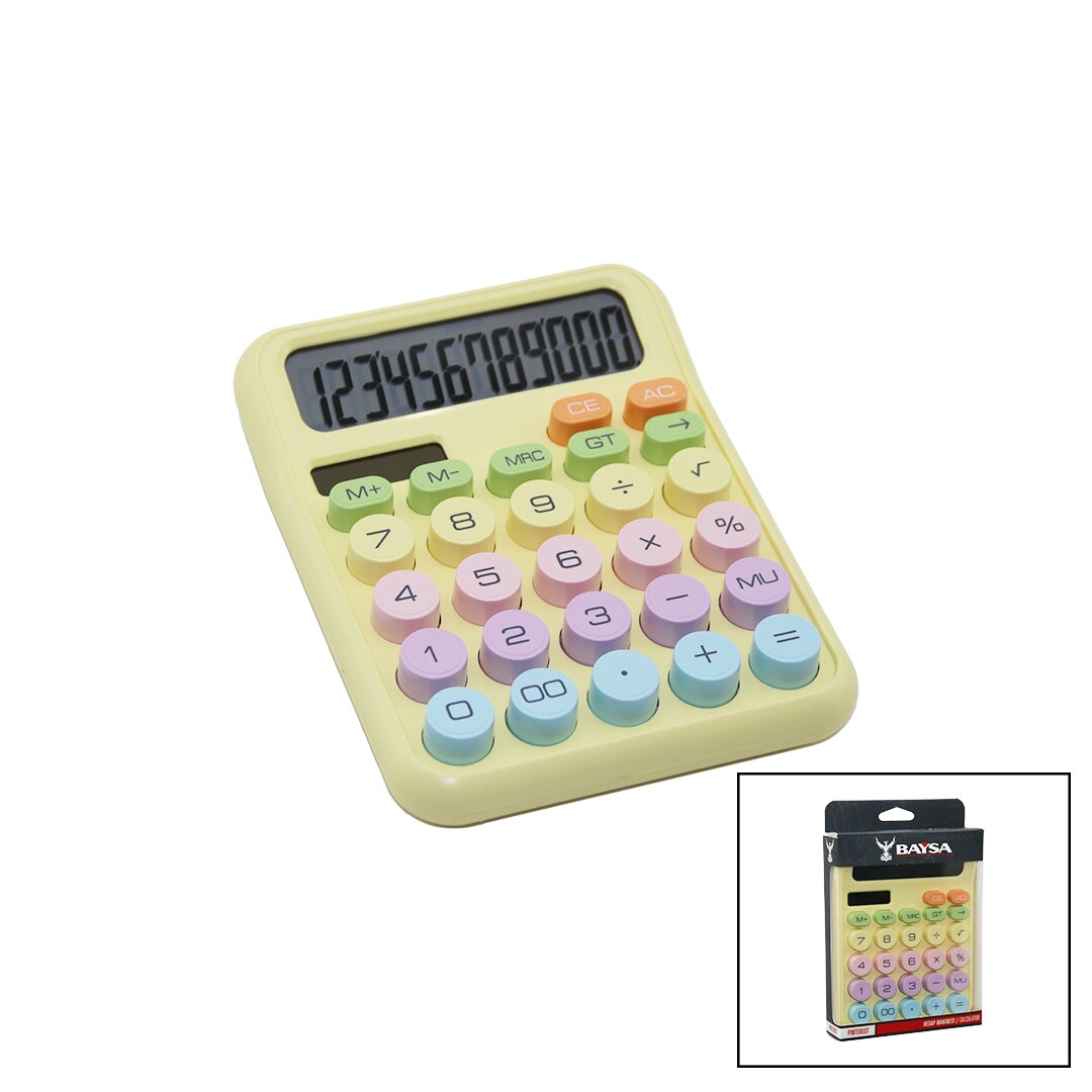 PİLLİ - GÜNEŞ ENERJİLİ DAKTİLO TUŞ MODEL=RENKLİ 12 HANELİ HESAP MAKİNESİ 16X12X2CM 162GR (5271)