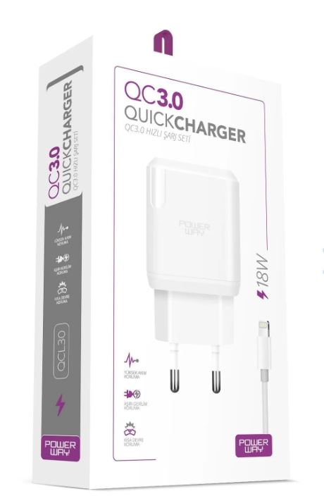 POWERWAY QCL30 HIZLI 3000 MA 18W LIGHTNING ŞARJ KAFA BAŞLIK ADAPTÖRÜ (5271)
