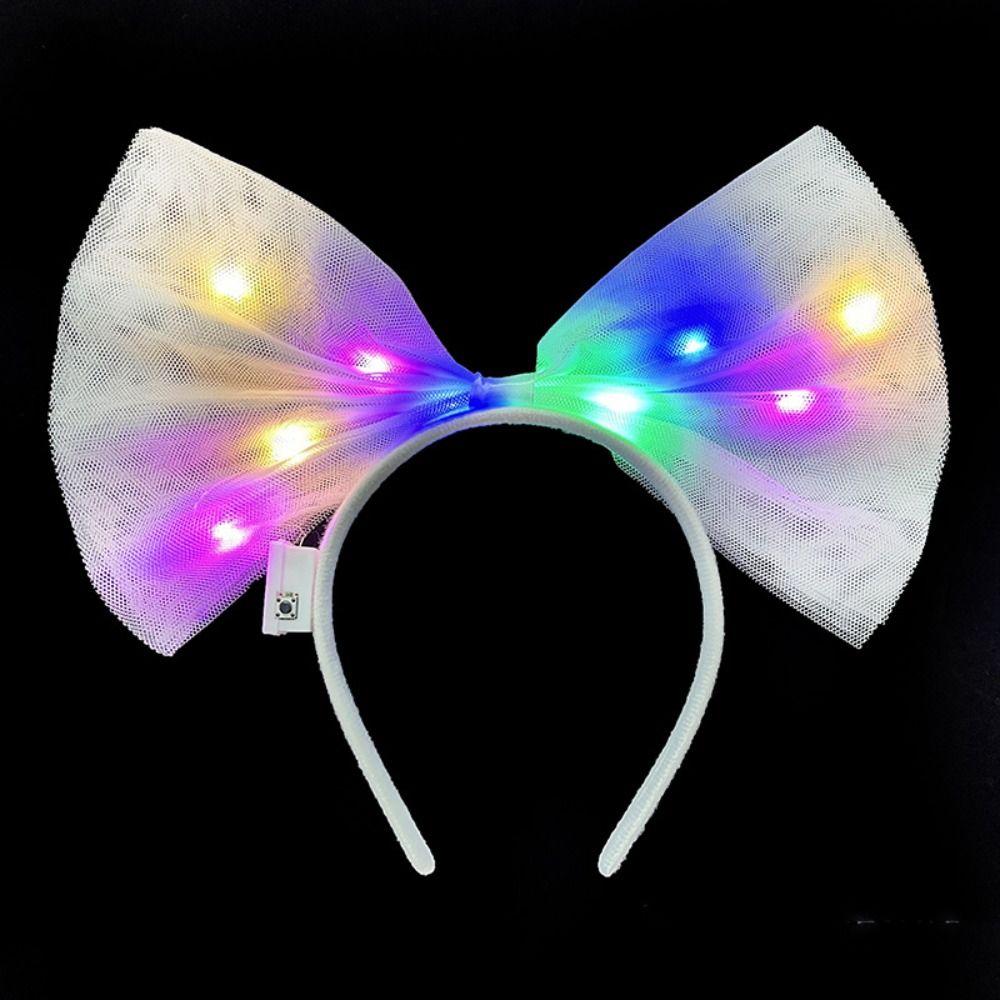 Rengarenk Led Işıklı Fiyonk Şekilli Tül Parti Tacı Beyaz Renk 25x25 cm (5271)