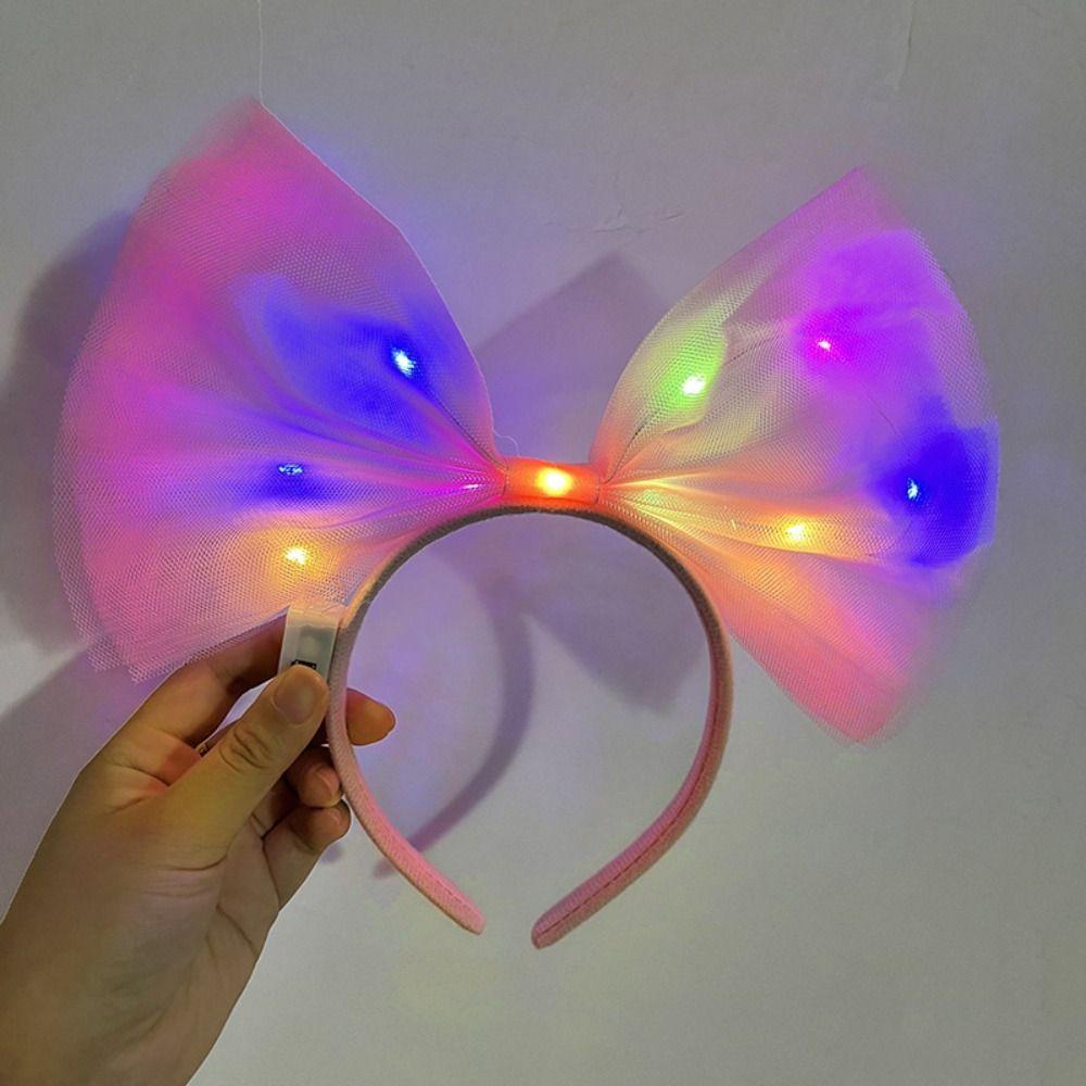 Rengarenk Led Işıklı Fiyonk Şekilli Tül Parti Tacı Pembe Renk 25x25 cm (5271)