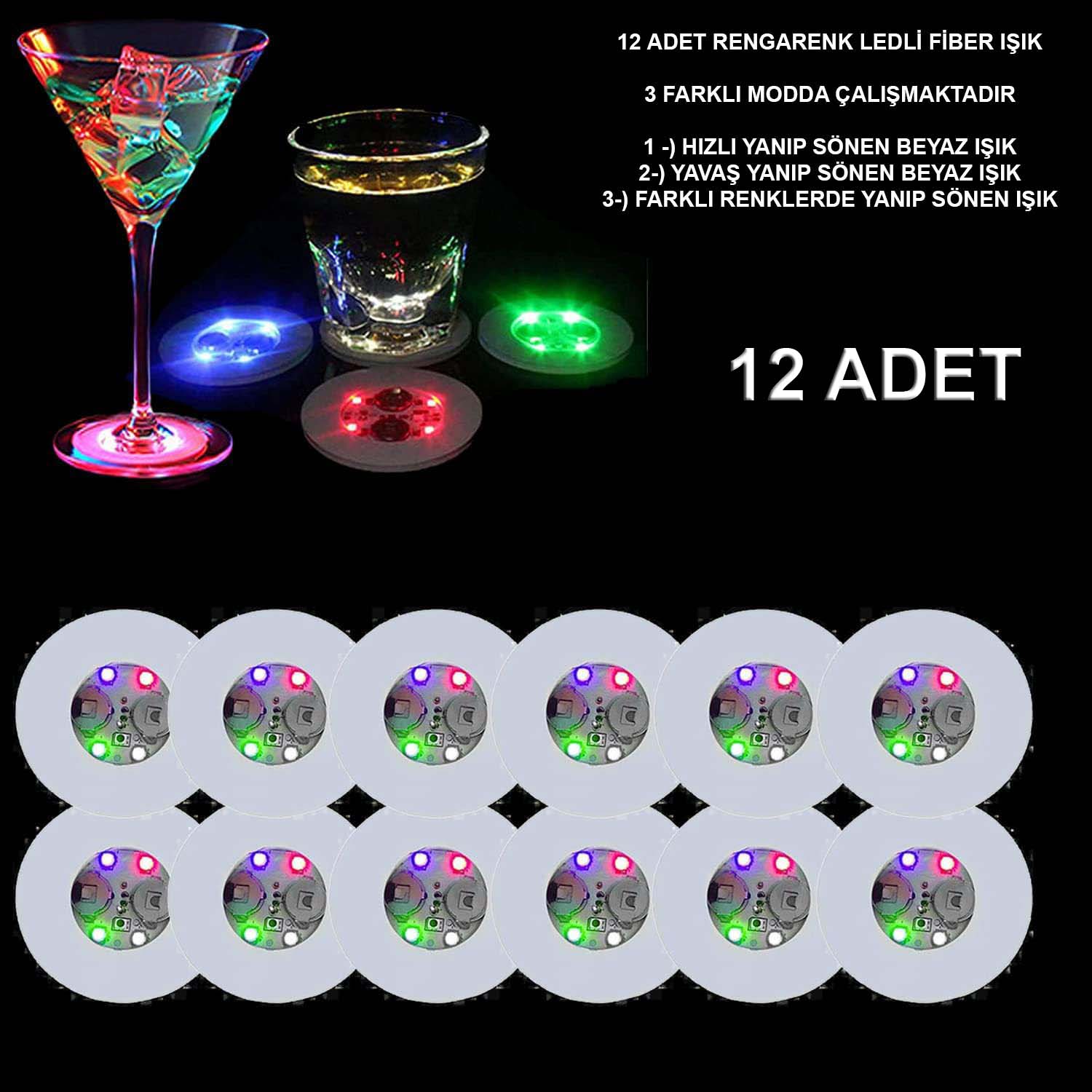 Renkli LED Işıklı Bardak Altlığı - Dekoratif (12 Adet, Pilli) (5271)