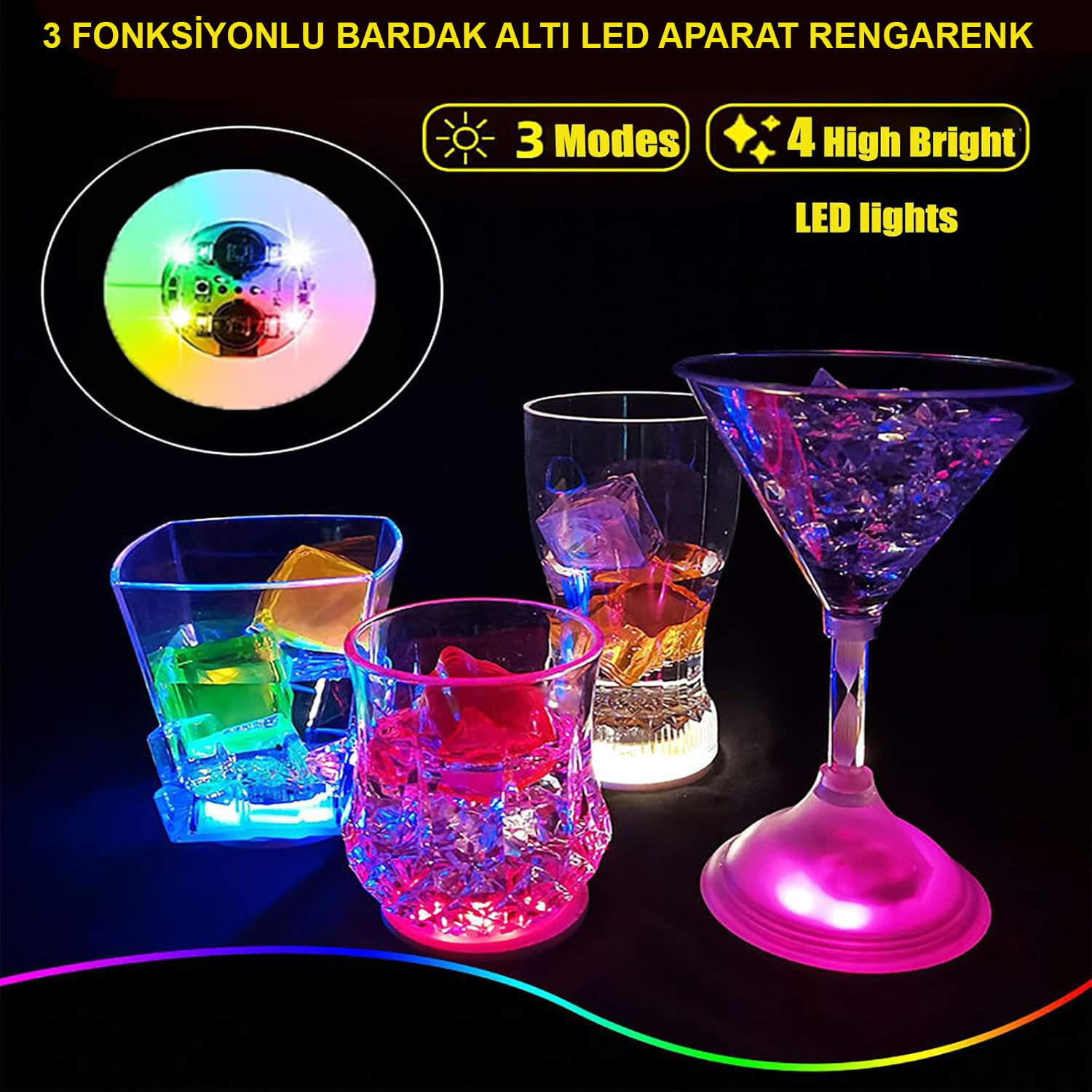 Renkli LED Işıklı Bardak Altlığı - Dekoratif (12 Adet, Pilli) (5271)