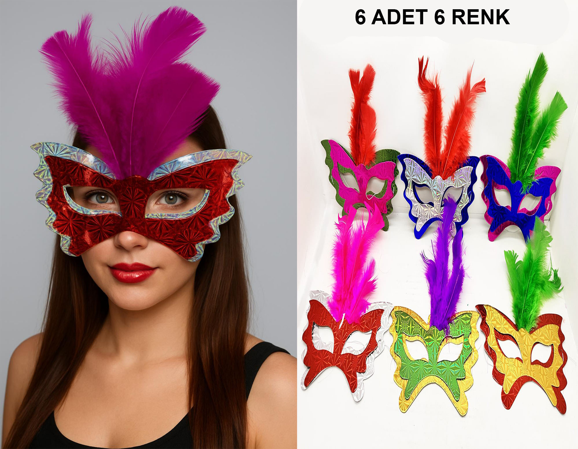 Renkli Parti Maskesi 6&apos;lı | Tüylü Karton Maske Seti (Lastikli) (5271)