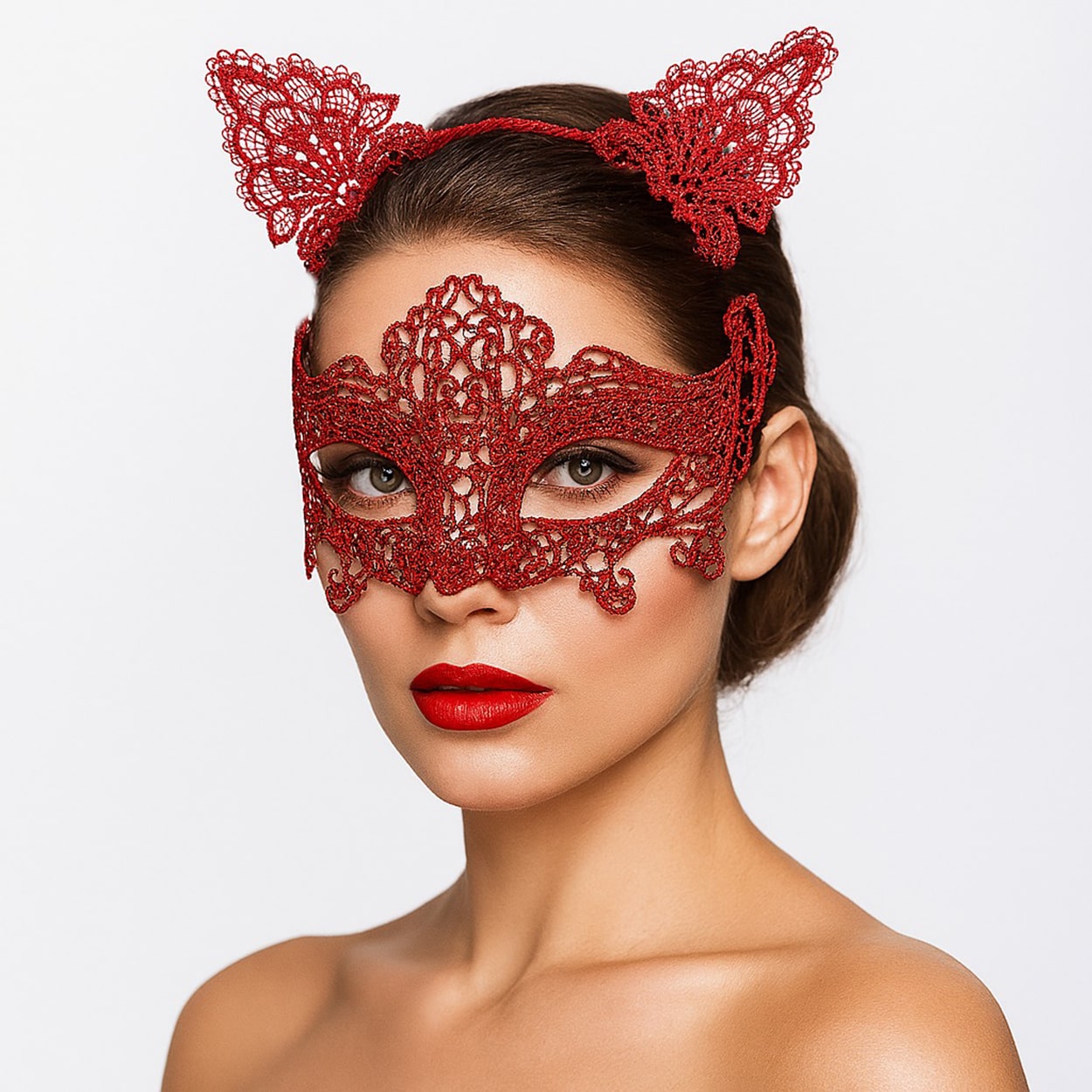 Romantik Kırmızı Dantel Maske Seti – Kedi Kulaklı Taç ve Maske 3 No (5271)