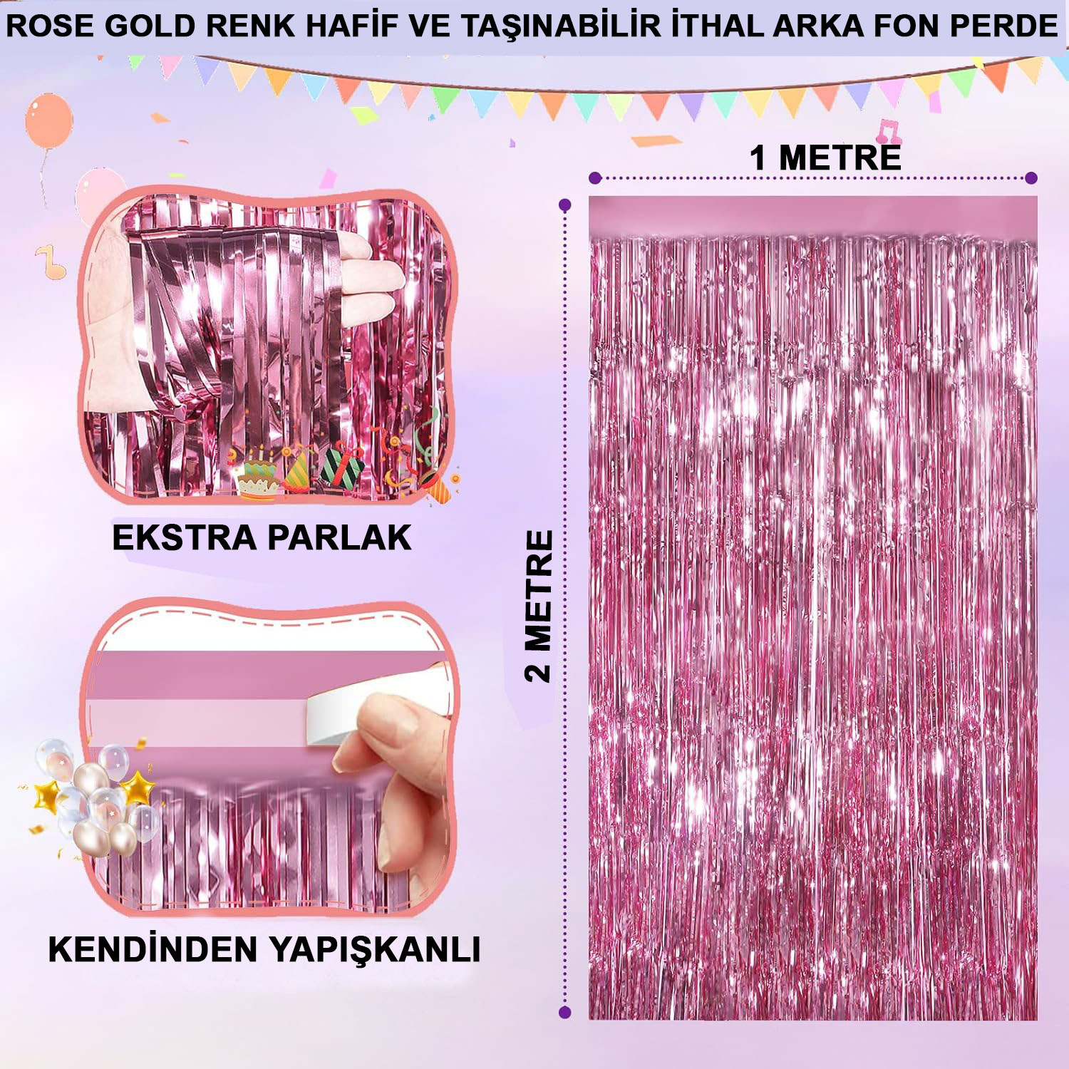 Rose Gold Renk Ekstra Metalize Parlak Saçaklı Arka Fon Perde İthal A Kalite 1x2 Metre (5271)