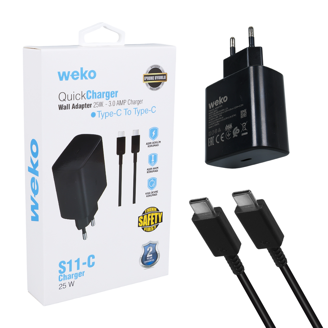 S11-C 25 WATT SİYAH ŞARJ BAŞLIK ADAPTÖRÜ + TYPE-C TO TYPE-C KABLO (5271)