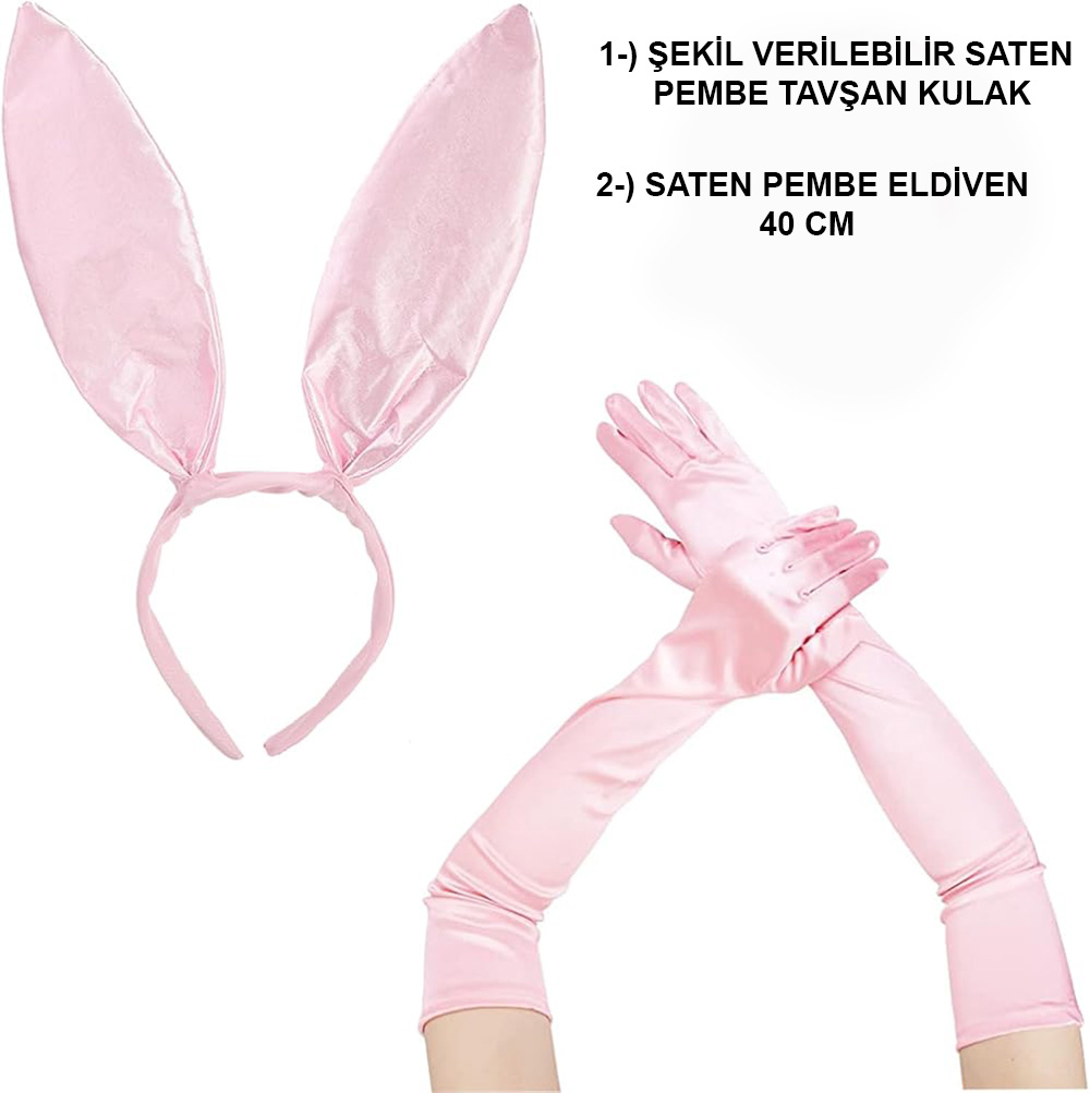 Saten Kaplama Soft Pembe Eldiven 40 cm ve Tavşan Kulak 2 li Set (5271)