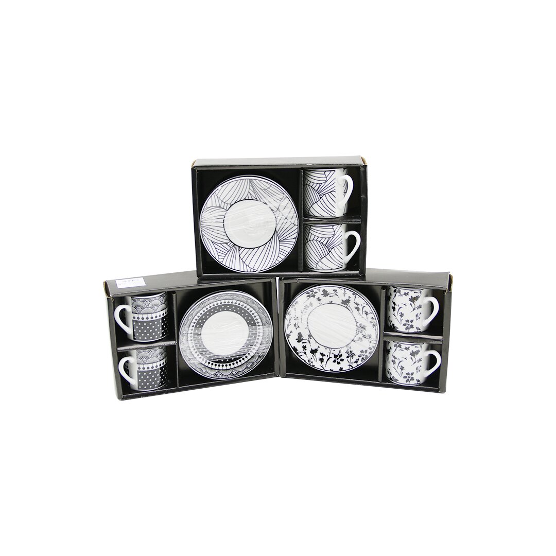 SİYAH - BEYAZ 4PCS=2-TAKIM  PORSELEN KAHVE FİNCANI  ÇİÇEK - ÇİZGİ - NOKTA MİX DESEN (5271)