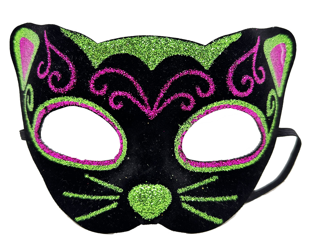 Siyah Kadife Kaplama Üzeri Pembe Yeşil Sim İşlemeli Kedi Maskesi 20x13 cm (5271)