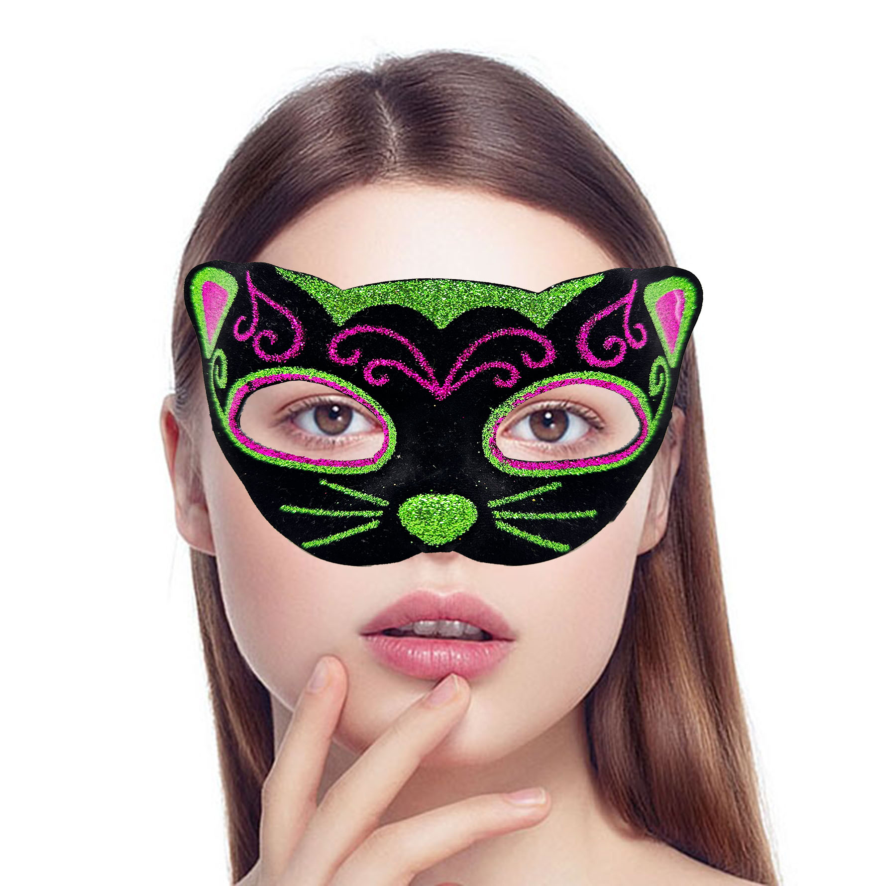 Siyah Kadife Kaplama Üzeri Pembe Yeşil Sim İşlemeli Kedi Maskesi 20x13 cm (5271)