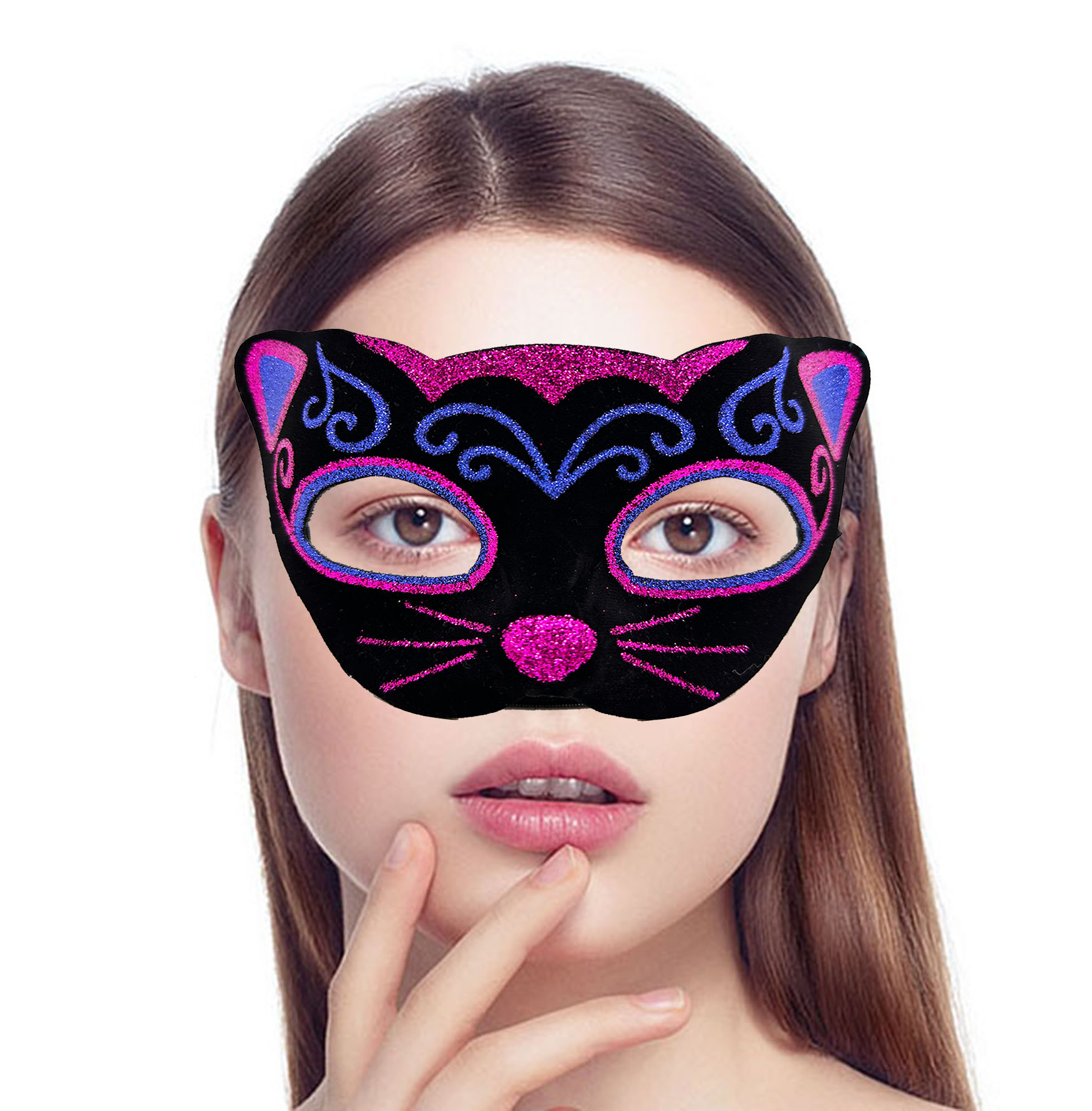Siyah Kadife Kaplama Üzeri Pembe Mavi Sim İşlemeli Kedi Maskesi 20x13 cm (5271)