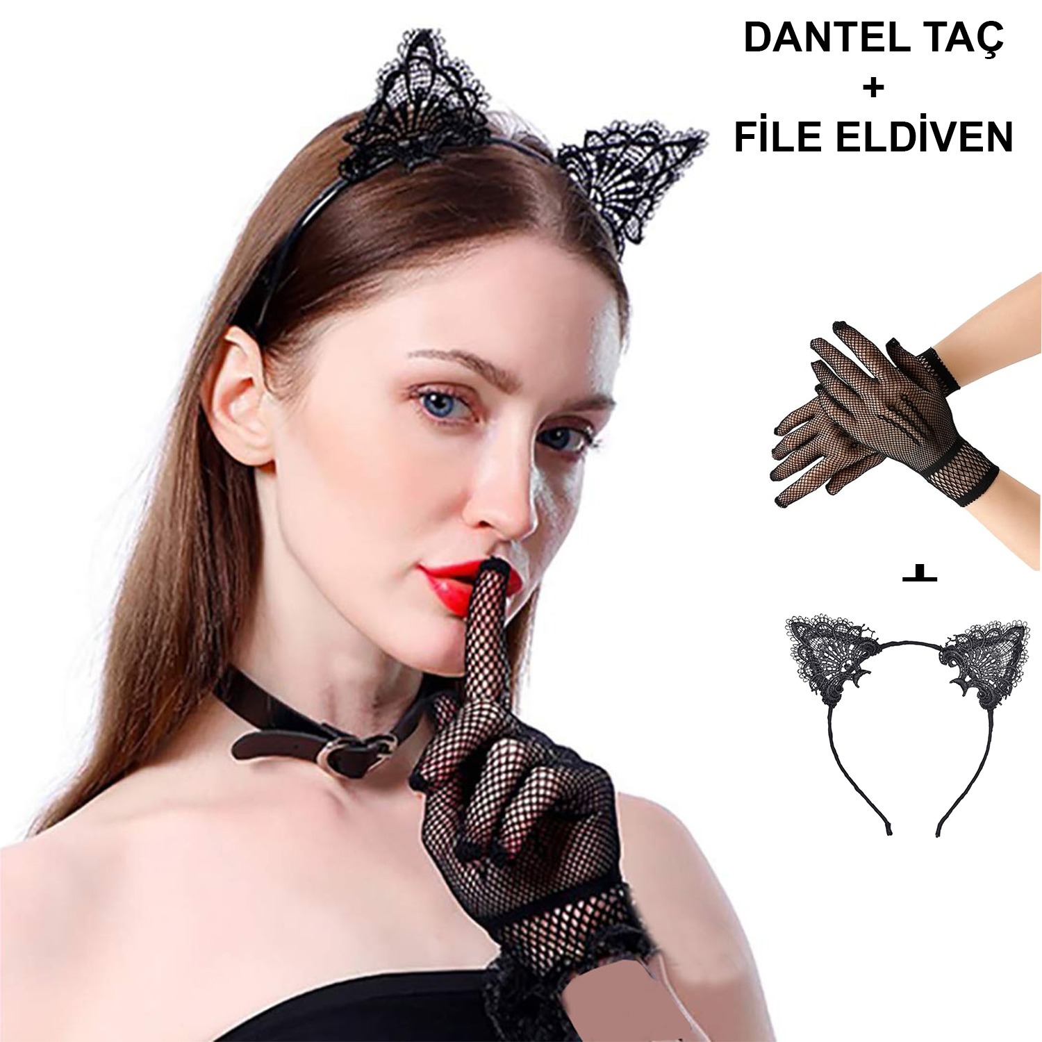 Siyah Kedi Dantel Taç + Eldiven Seti – Parti, Dans ve Kostüm Kombini (5271)