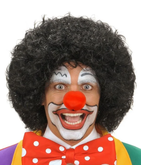 Siyah Renk Kıvırcık Afro Bonus Peruk Saç ve Kırmızı Sünger Burun Seti (5271)