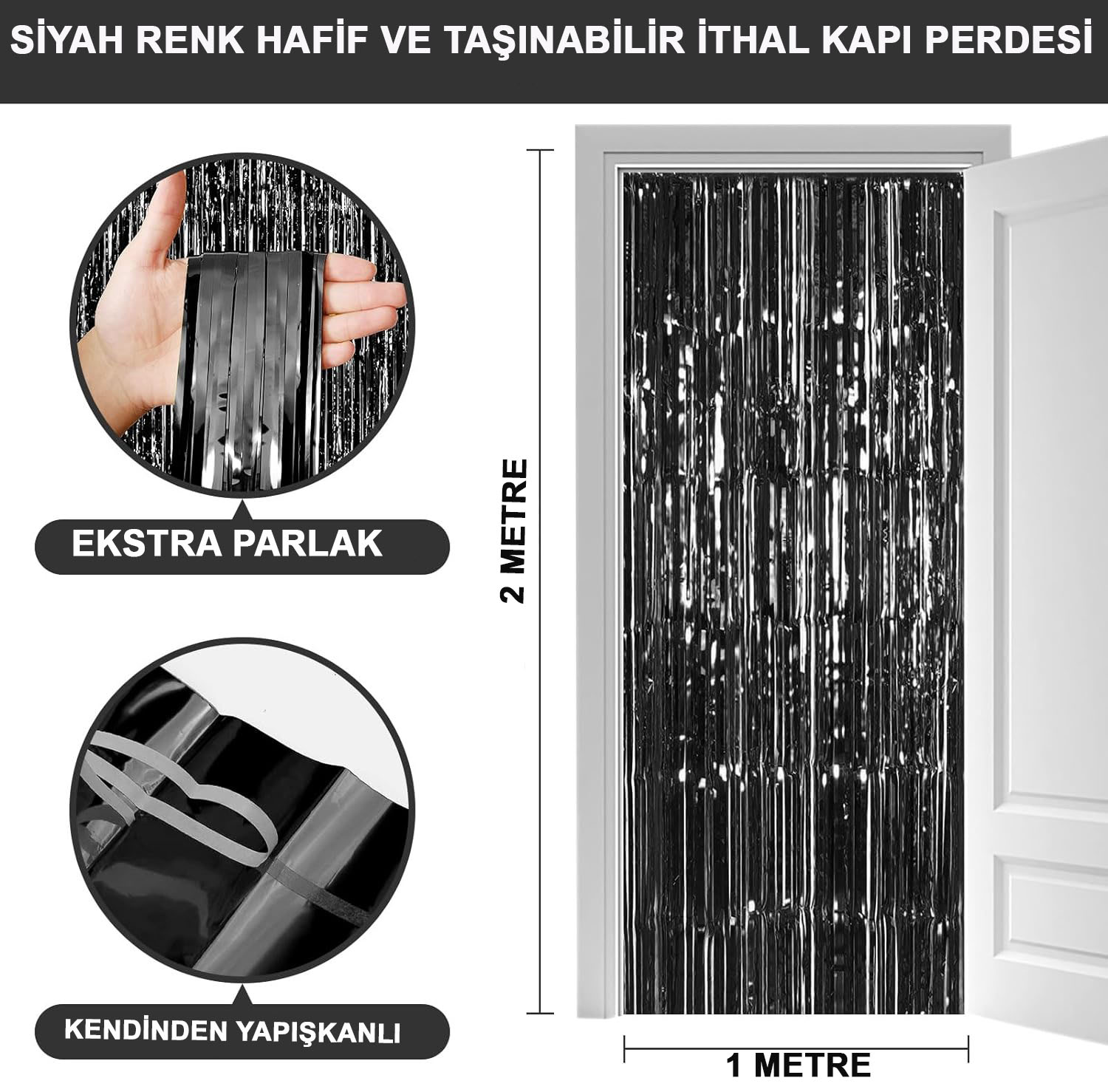 Siyah Renk Ekstra Metalize Parlak Saçaklı Arka Fon Perde İthal A Kalite 1x2 Metre (5271)