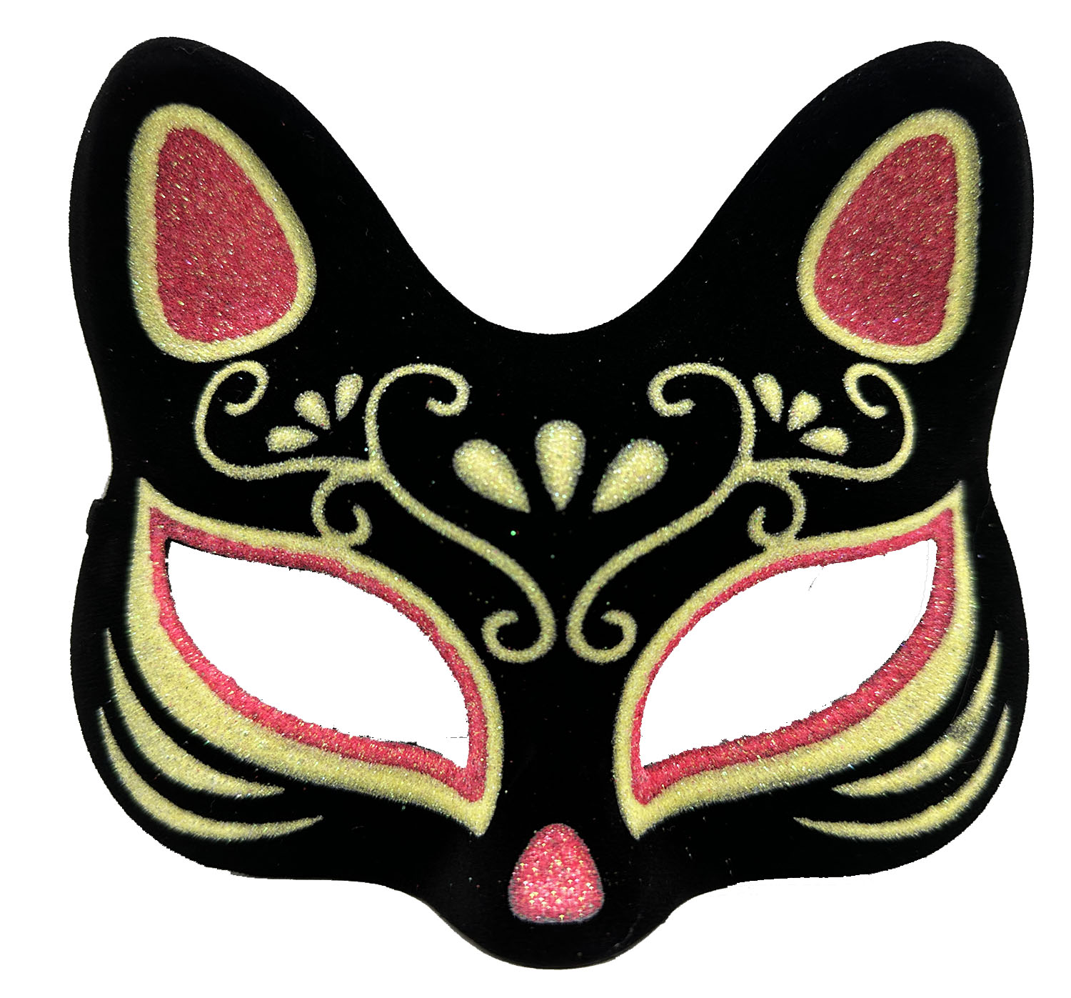 Siyah Renk Süet Kaplama Üzeri Kırmızı Sarı Simli Kedi Maskesi 17x14 cm (5271) Siyah Renk Süet Kaplama Üzeri Kırmızı Sarı Simli Kedi Maskesi 17x14 cm (5271)