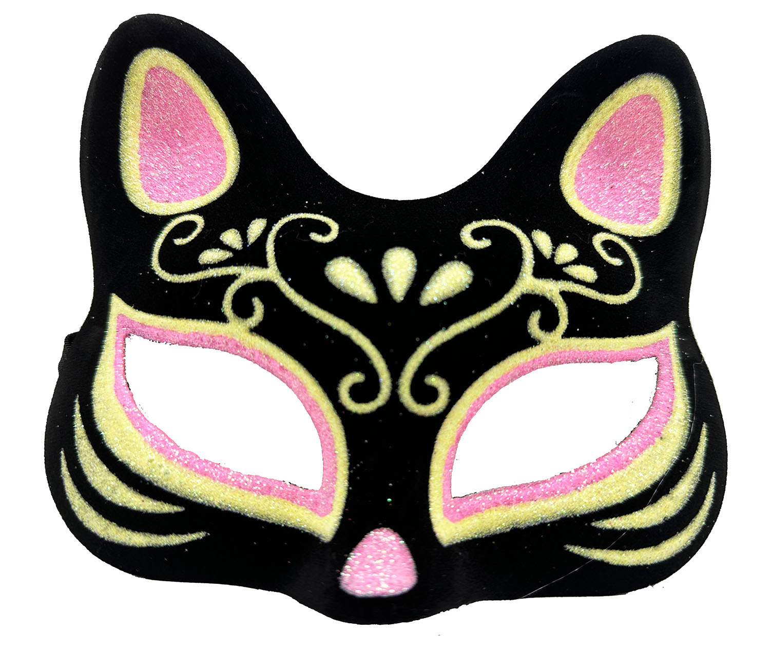Siyah Renk Süet Kaplama Üzeri Pembe Sarı Simli Kedi Maskesi 17x14 cm (5271)