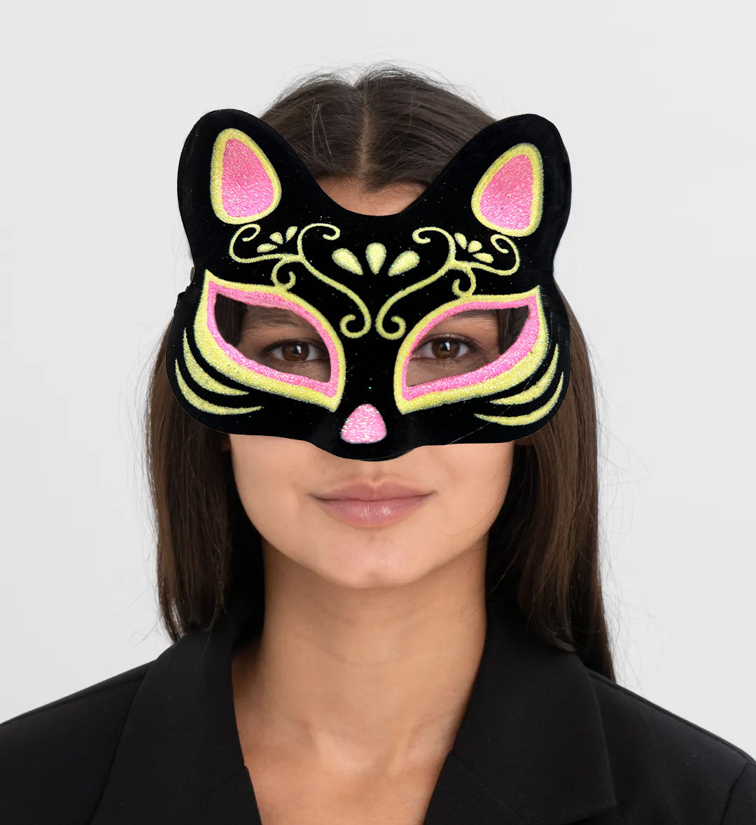 Siyah Renk Süet Kaplama Üzeri Pembe Sarı Simli Kedi Maskesi 17x14 cm (5271)