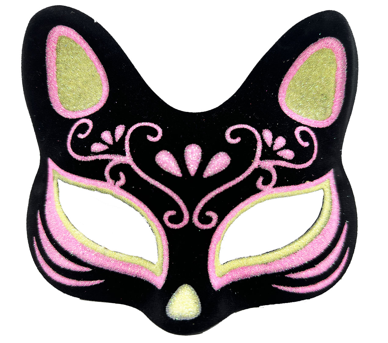 Siyah Renk Süet Kaplama Üzeri Sarı Pembe Simli Kedi Maskesi 17x14 cm (5271)