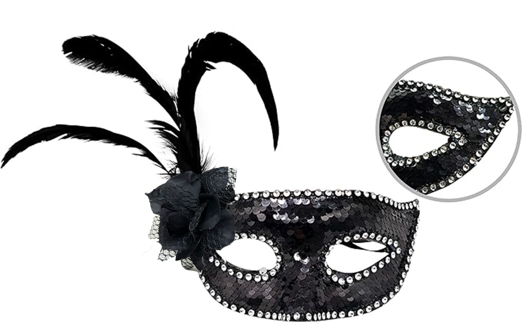 Siyah Renk Yandan Tüylü Güllü Gümüş Taşlı Pullu Maske 20x22 cm (5271)