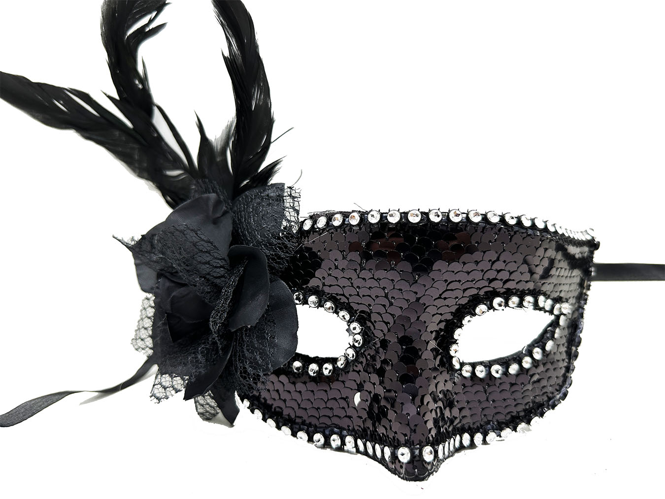 Siyah Renk Yandan Tüylü Güllü Gümüş Taşlı Pullu Maske 20x22 cm (5271)