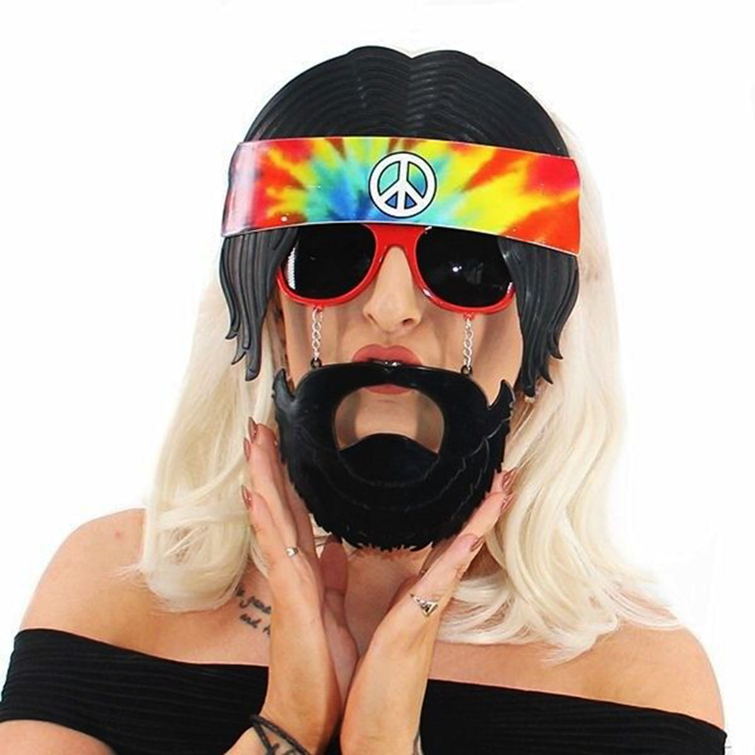Siyah Saçlı Bandana Tasarımlı Hippi Parti Gözlüğü 26x18 cm (5271)
