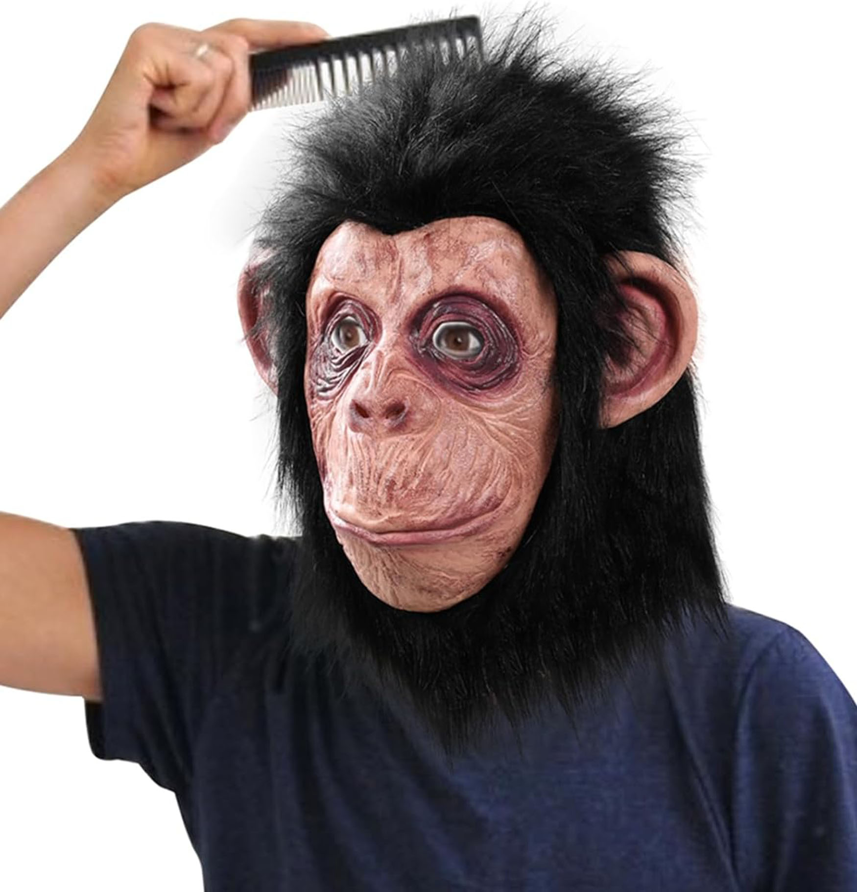 Siyah Saçlı Kafaya Tam Geçmeli Lateks Şempanze Maskesi - Lateks Maymun Orangutan Goril Maske Et Maske (5271)