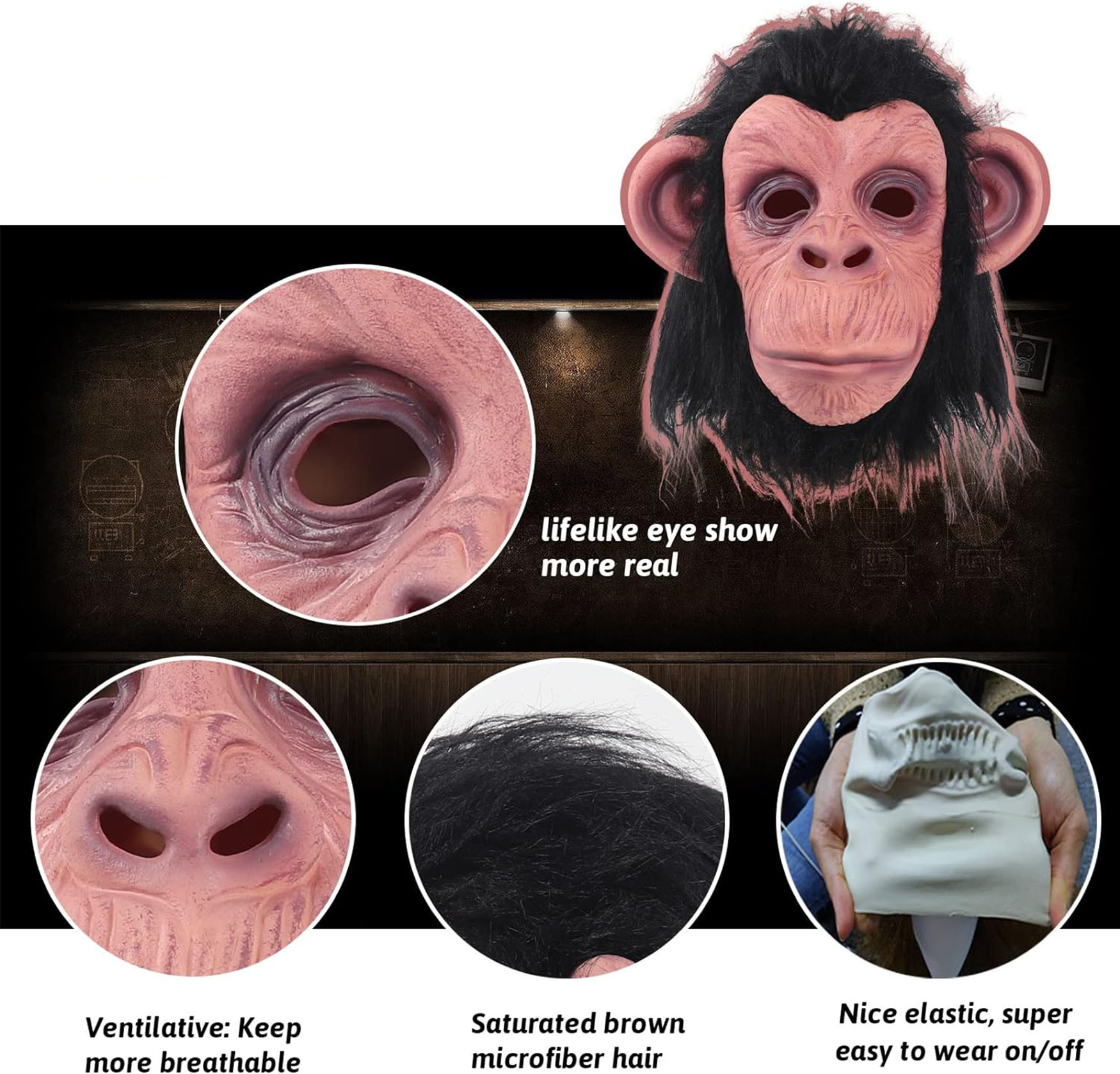 Siyah Saçlı Kafaya Tam Geçmeli Lateks Şempanze Maskesi - Lateks Maymun Orangutan Goril Maske Et Maske (5271) Siyah Saçlı Kafaya Tam Geçmeli Lateks Şempanze Maskesi - Lateks Maymun Orangutan Goril Maske Et Maske (5271)