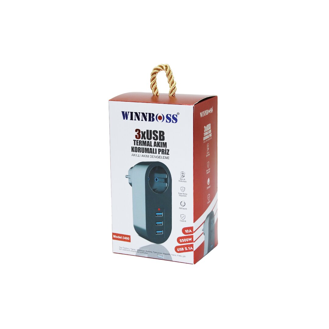 SİYAH TERMAL AKIM KORUMALI  1XPRİZ 3XUSB DUVAR TİPİ PRİZ 10A - 2500W (5271)