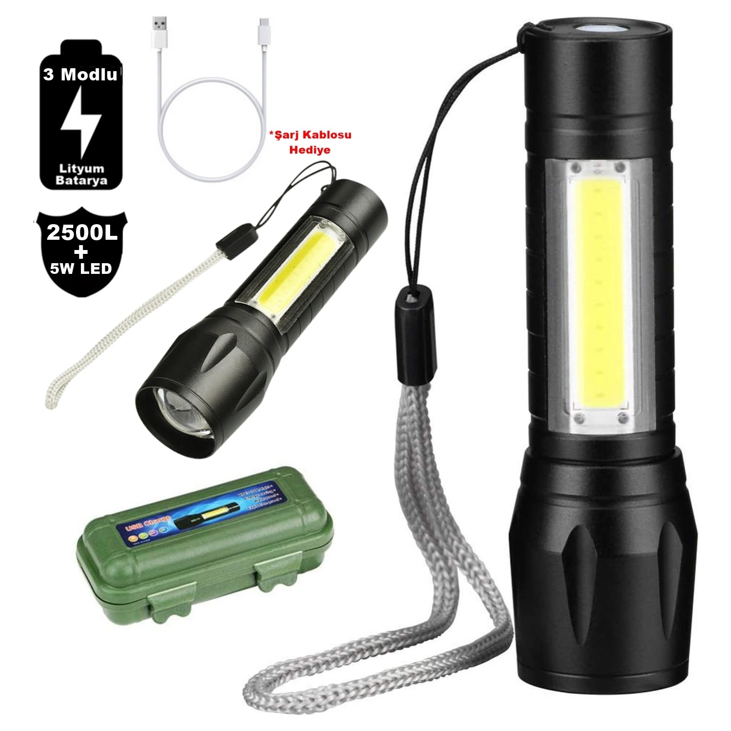 Su Geçirmez Şarjlı El Feneri 2500 Lumens + 5W COB LED USB Lion Şarjlı Ultra Güçlü Q5 XPE (5271)